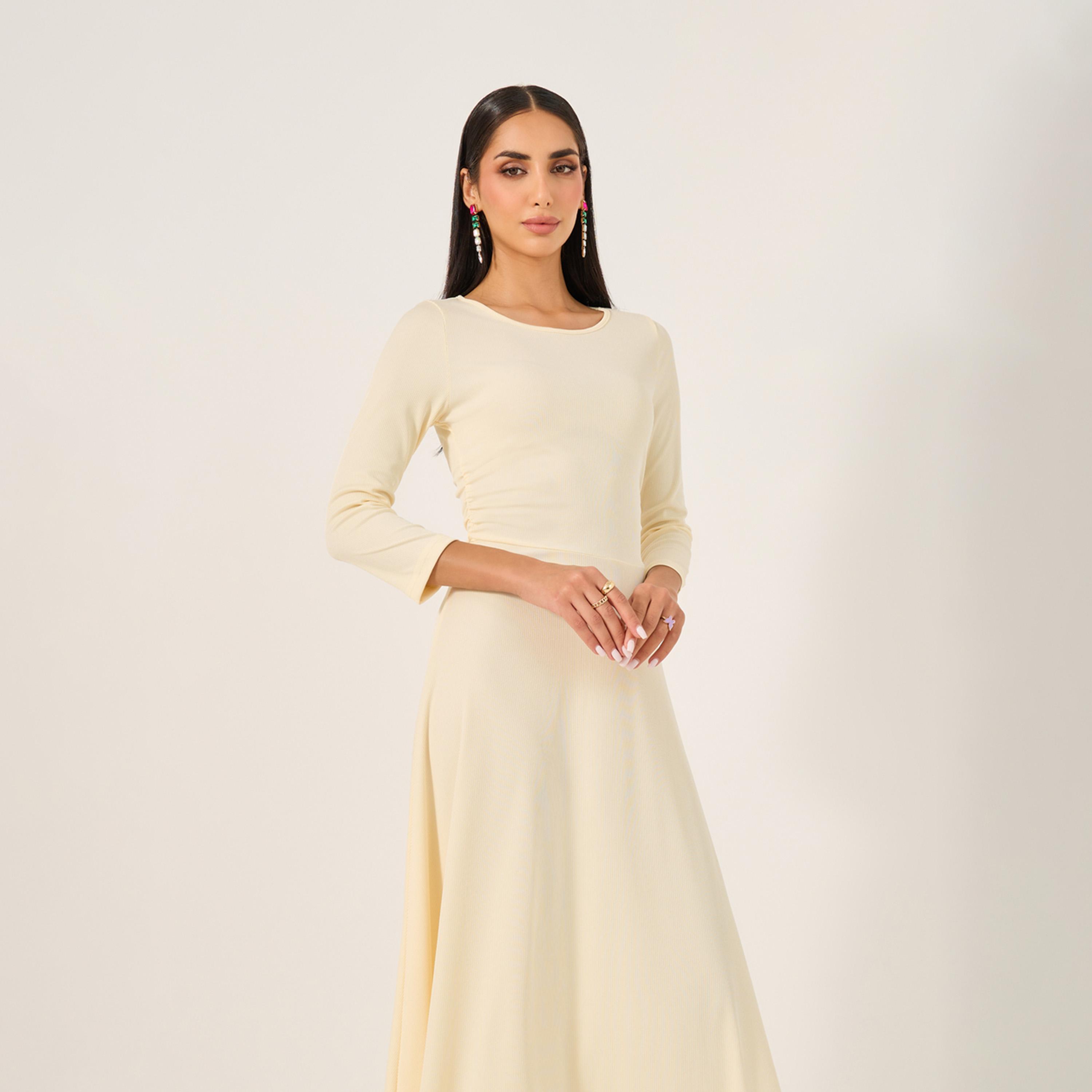 Styli Solid Round Neck A-Line Midi Dress with 3/4th Sleeves-women-clothing-dresses-image-3