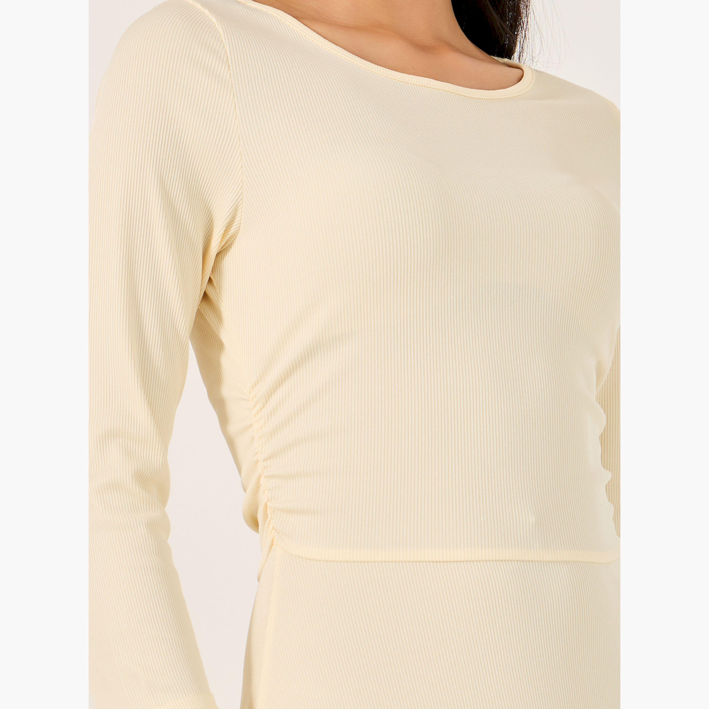 Styli Solid Round Neck A-Line Midi Dress with 3/4th Sleeves-women-clothing-dresses-image-4