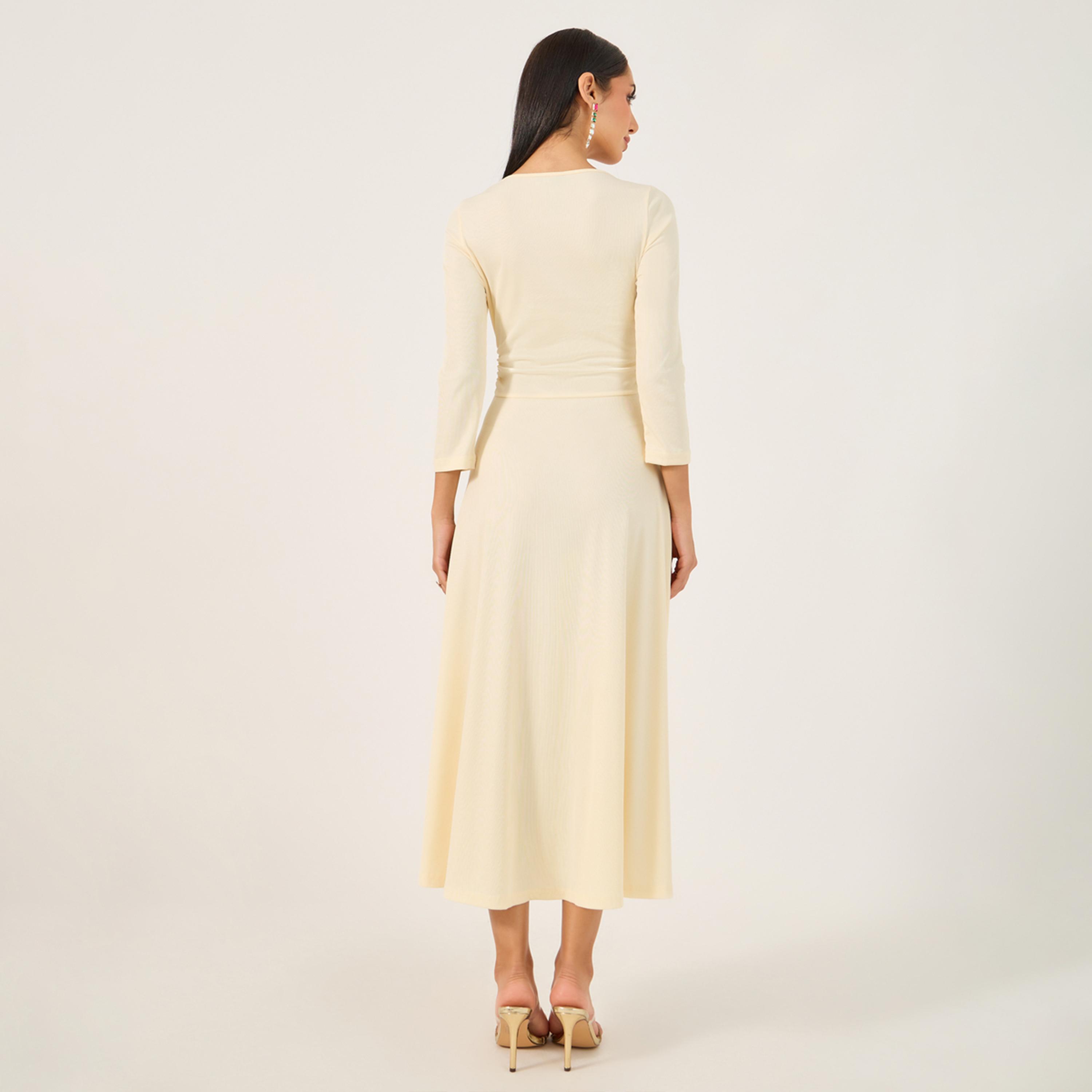Styli Solid Round Neck A-Line Midi Dress with 3/4th Sleeves-women-clothing-dresses-image-5