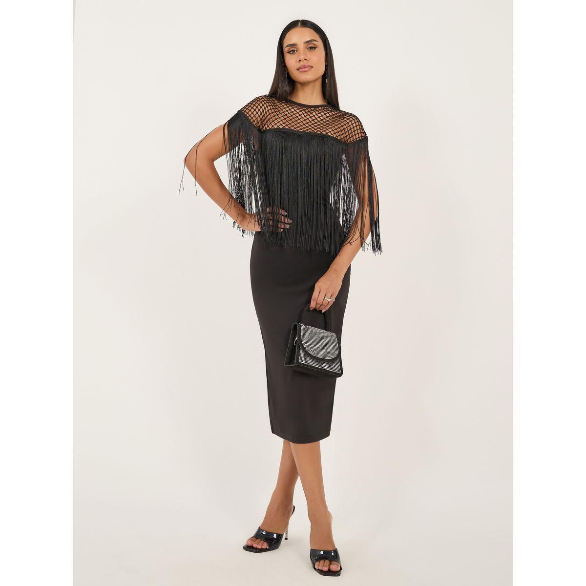 Styli Plain Black Mesh Inserted Bodycon Midi Dress-women-clothing-dresses-image-1