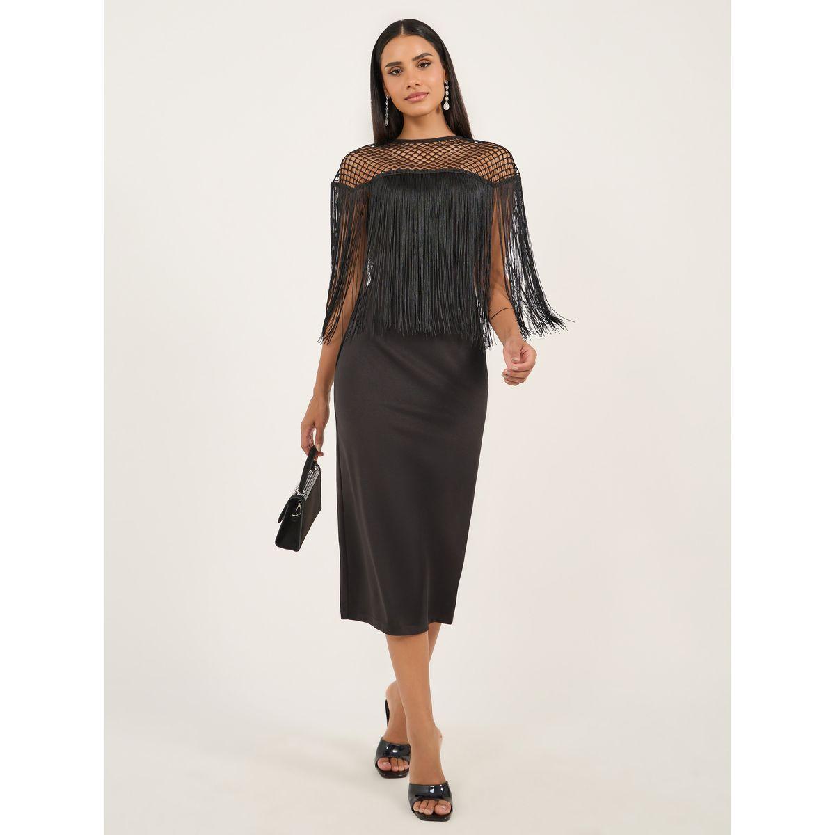 Styli Plain Black Mesh Inserted Bodycon Midi Dress-women-clothing-dresses-image-2