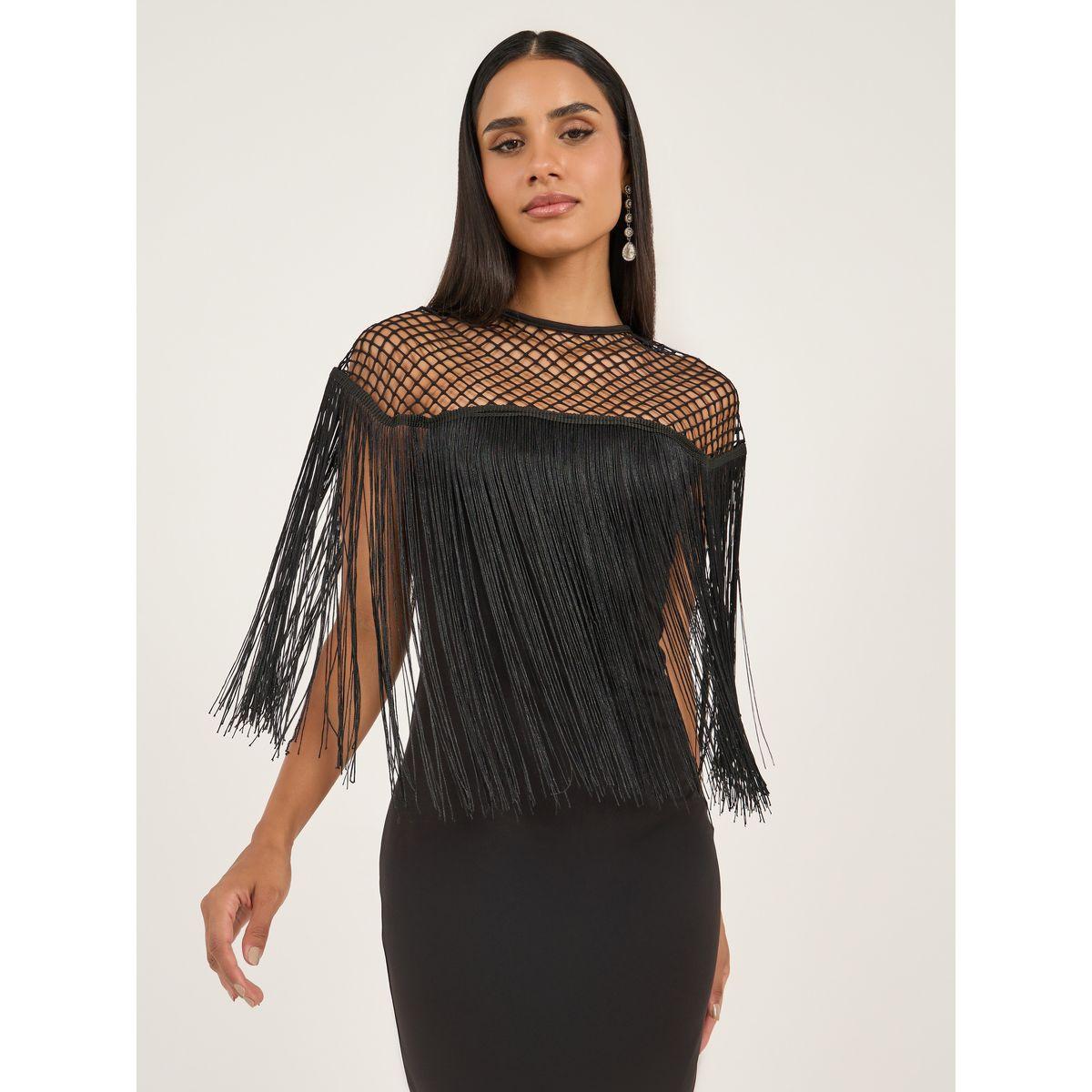 Styli Plain Black Mesh Inserted Bodycon Midi Dress-women-clothing-dresses-image-3