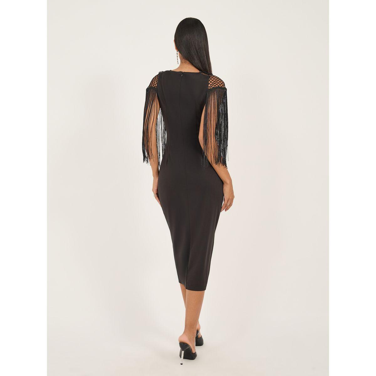 Styli Plain Black Mesh Inserted Bodycon Midi Dress-women-clothing-dresses-image-5