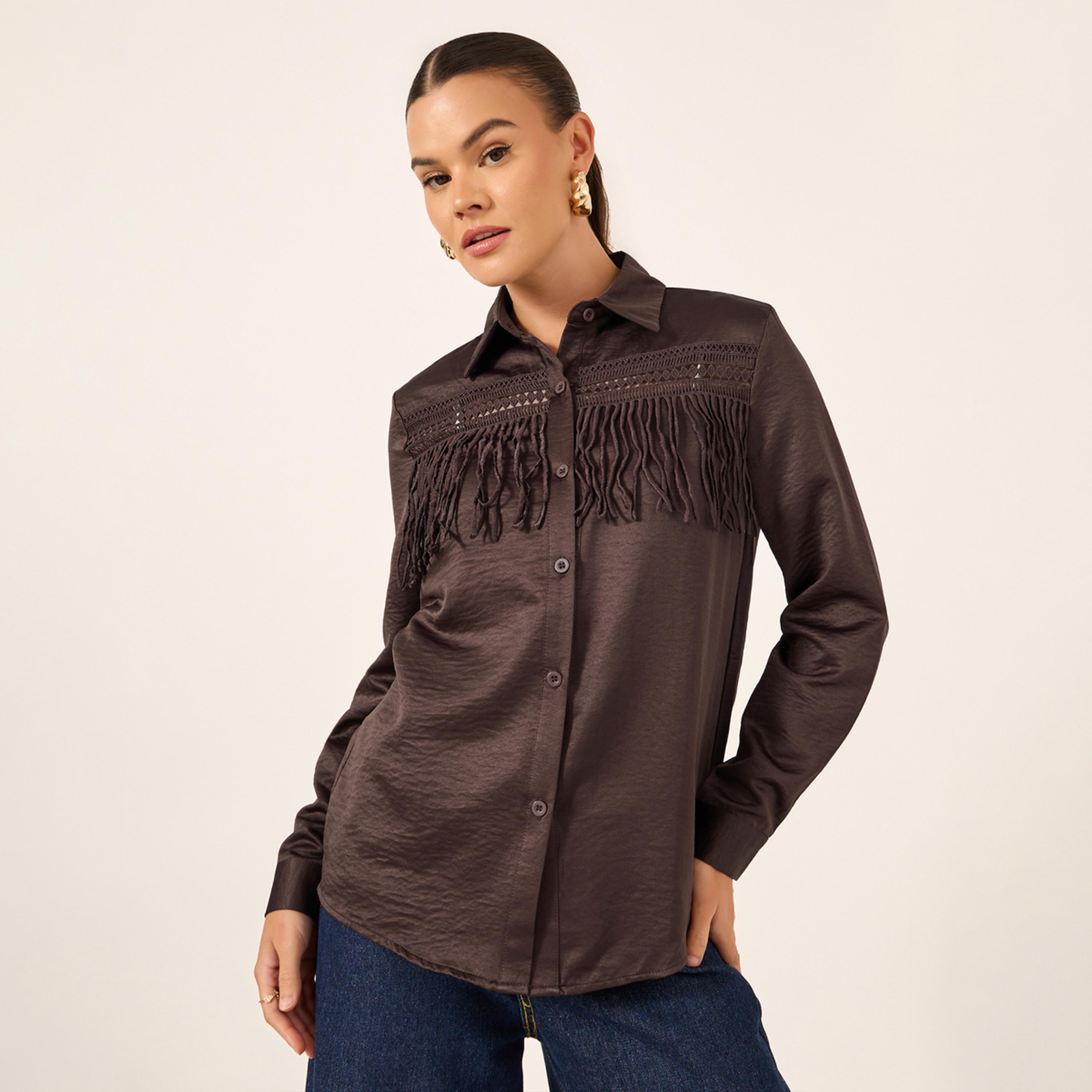 Styli Solid Lace Insert Regular Fit Shirt with Fringe Detail-women-clothing-shirtsandblouses-shirts-image-1