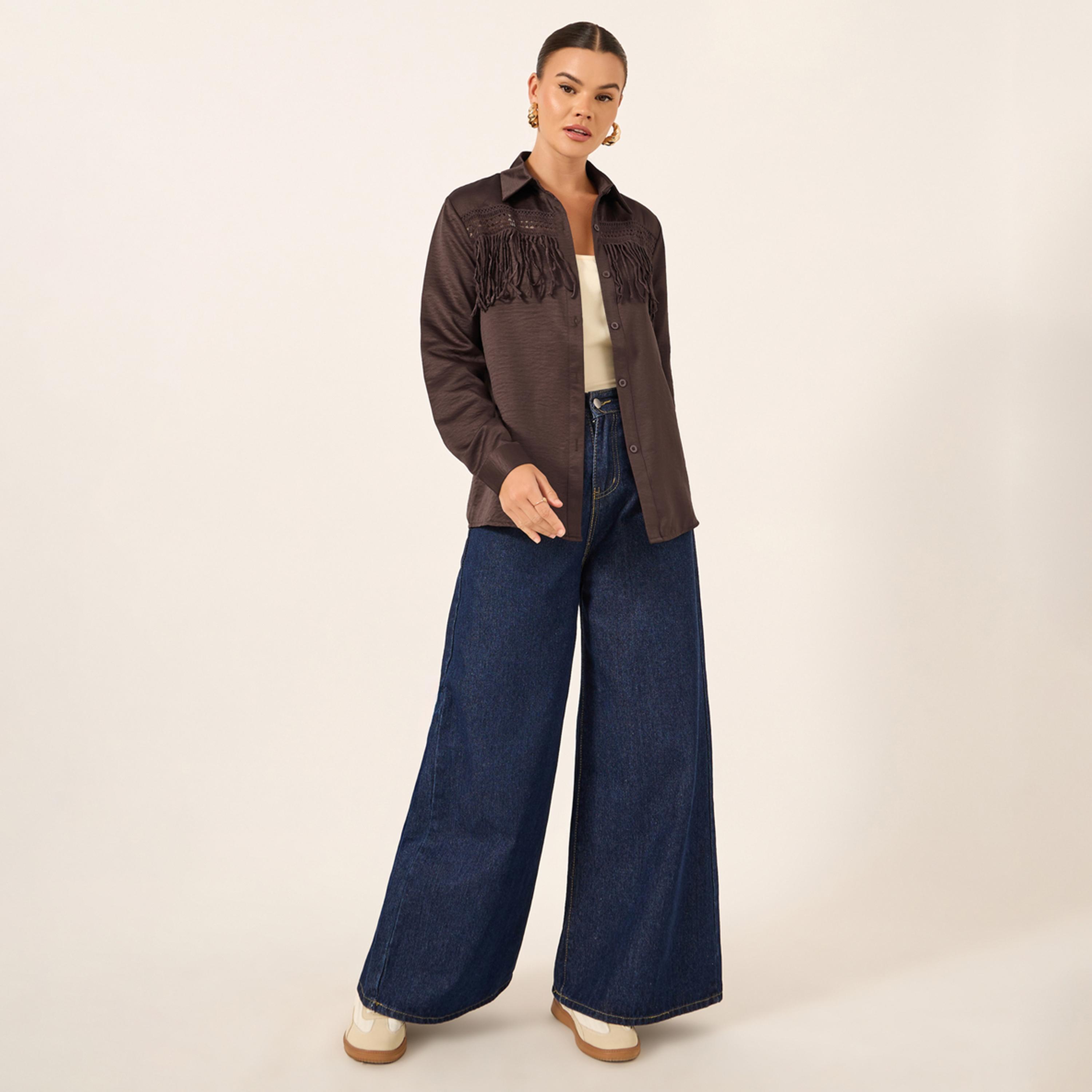 ستايلي - قميص سادة بقصة عادية مع تفاصيل شراشيب-women-clothing-shirtsandblouses-shirts-image-2