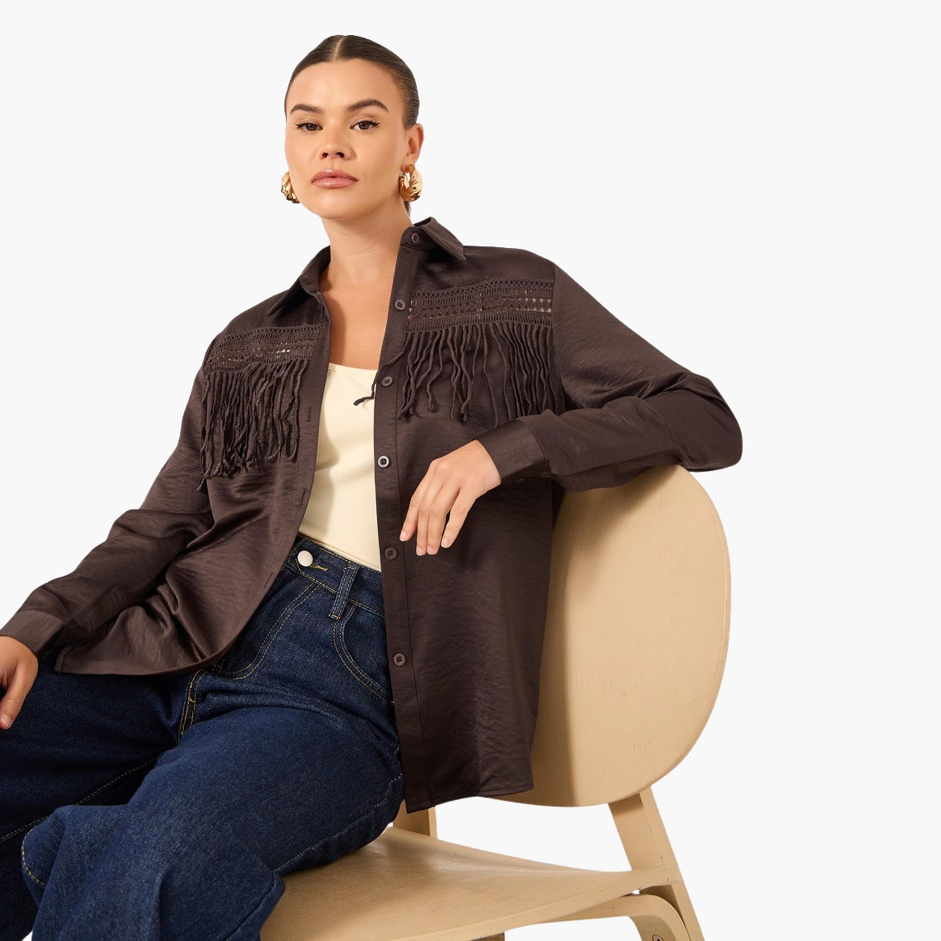 Styli Solid Lace Insert Regular Fit Shirt with Fringe Detail-women-clothing-shirtsandblouses-shirts-image-4