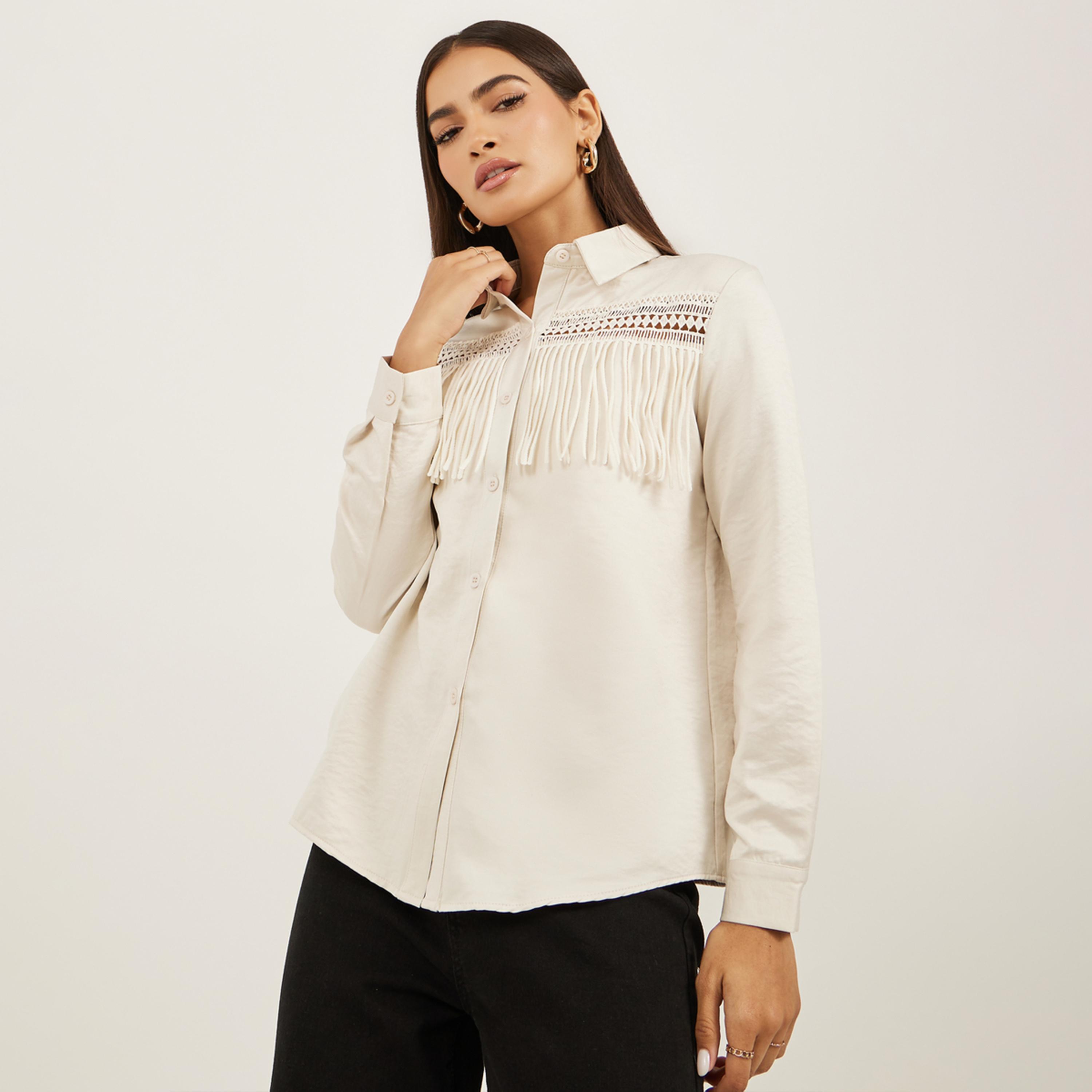 Styli Solid Lace Insert Regular Fit Shirt with Fringe Detail-women-clothing-shirtsandblouses-shirts-image-1