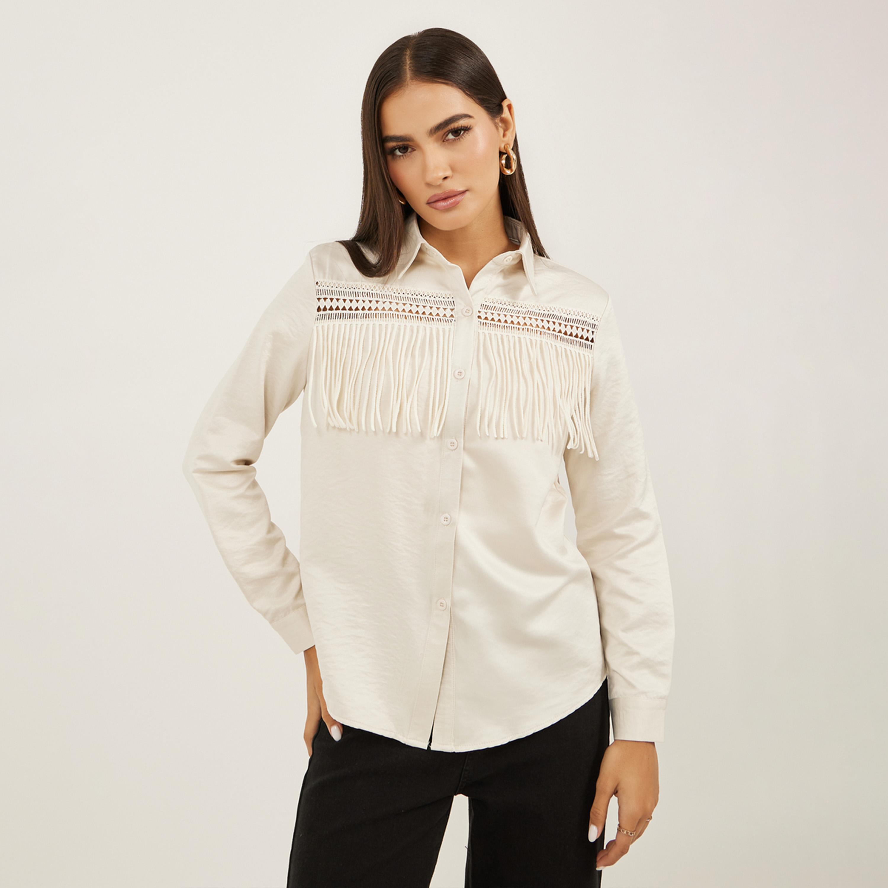 ستايلي - قميص سادة بقصة عادية مع تفاصيل شراشيب-women-clothing-shirtsandblouses-shirts-image-3