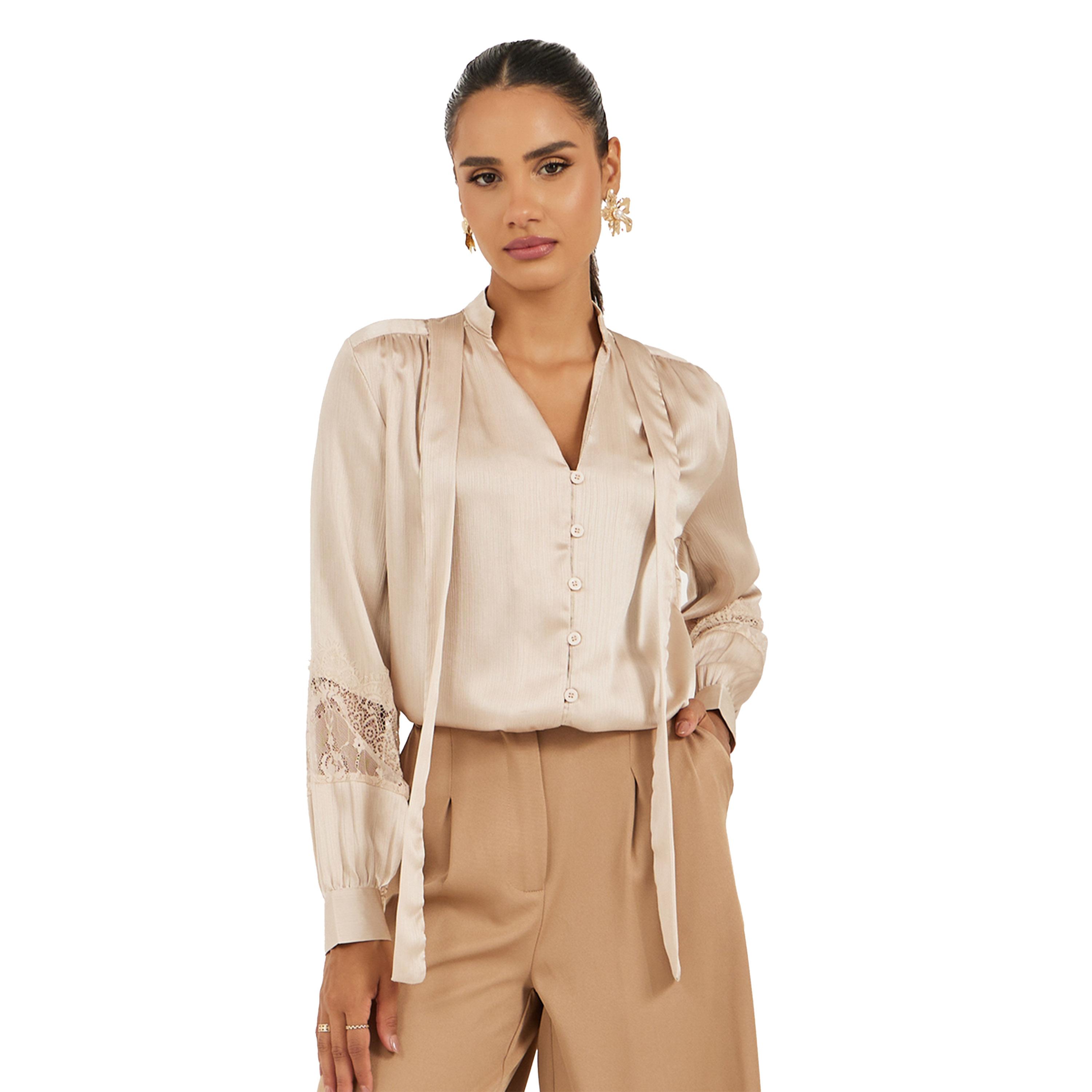 Styli Lace Insert Tie-Up Neck Buttoned Blouse-women-clothing-shirtsandblouses-blouses-image-1