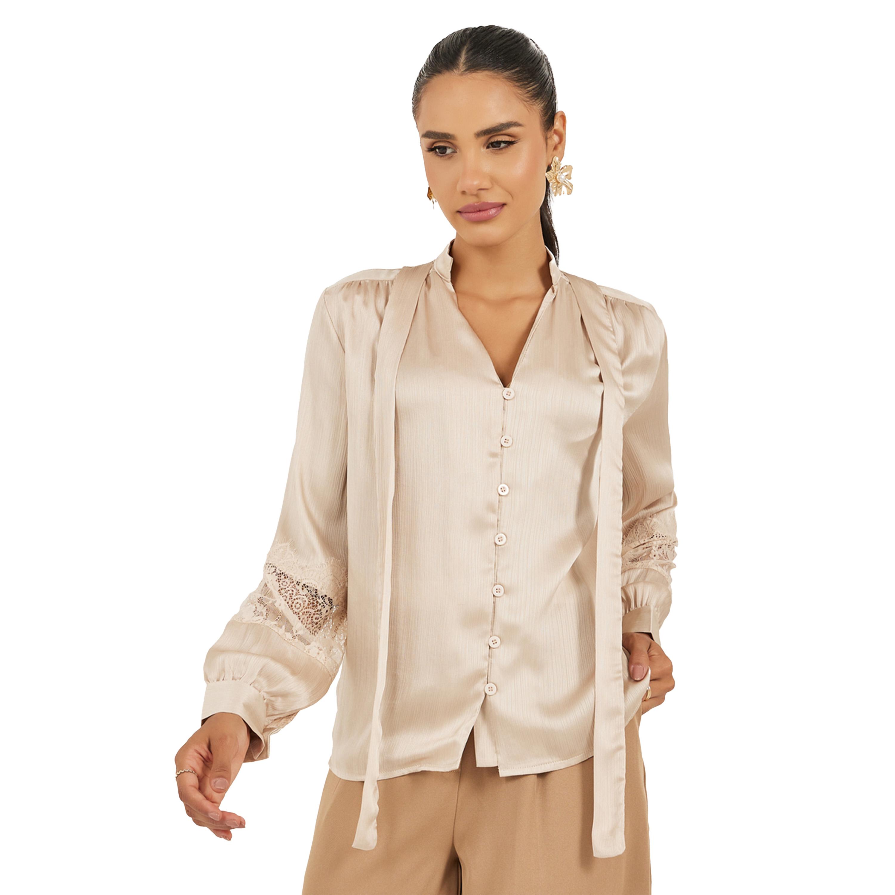 Styli Lace Insert Tie-Up Neck Buttoned Blouse-women-clothing-shirtsandblouses-blouses-image-2