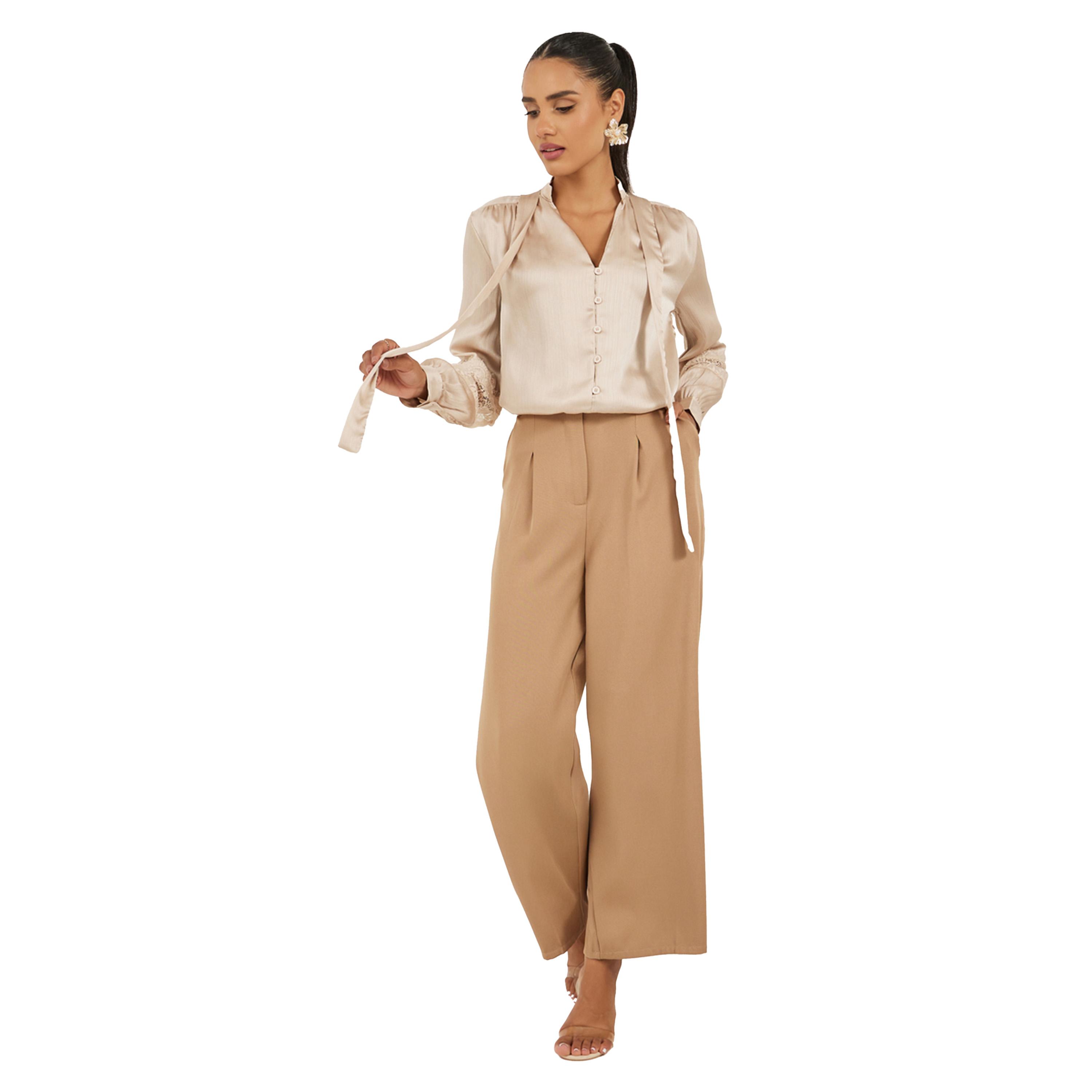Styli Lace Insert Tie-Up Neck Buttoned Blouse-women-clothing-shirtsandblouses-blouses-image-3