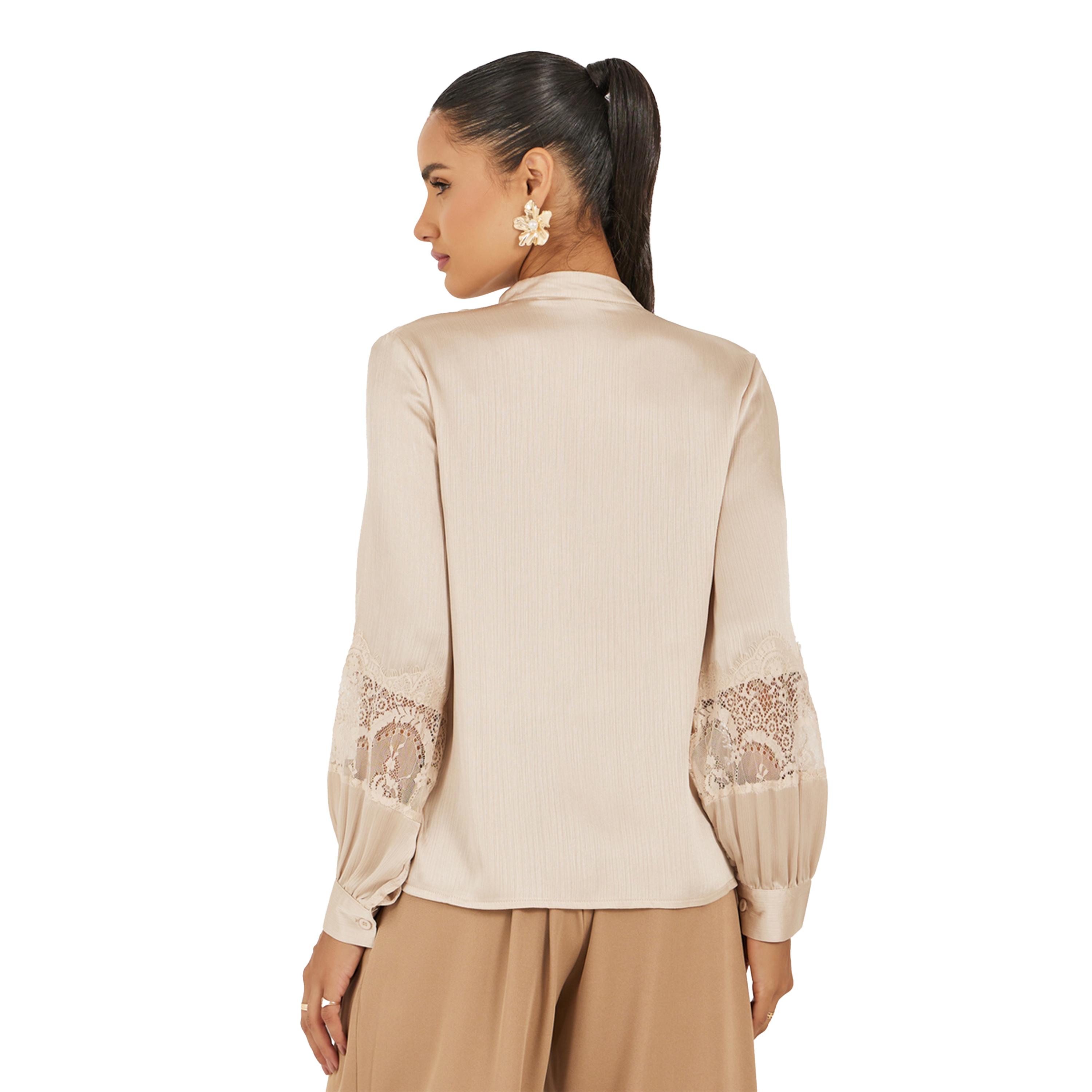 Styli Lace Insert Tie-Up Neck Buttoned Blouse-women-clothing-shirtsandblouses-blouses-image-5