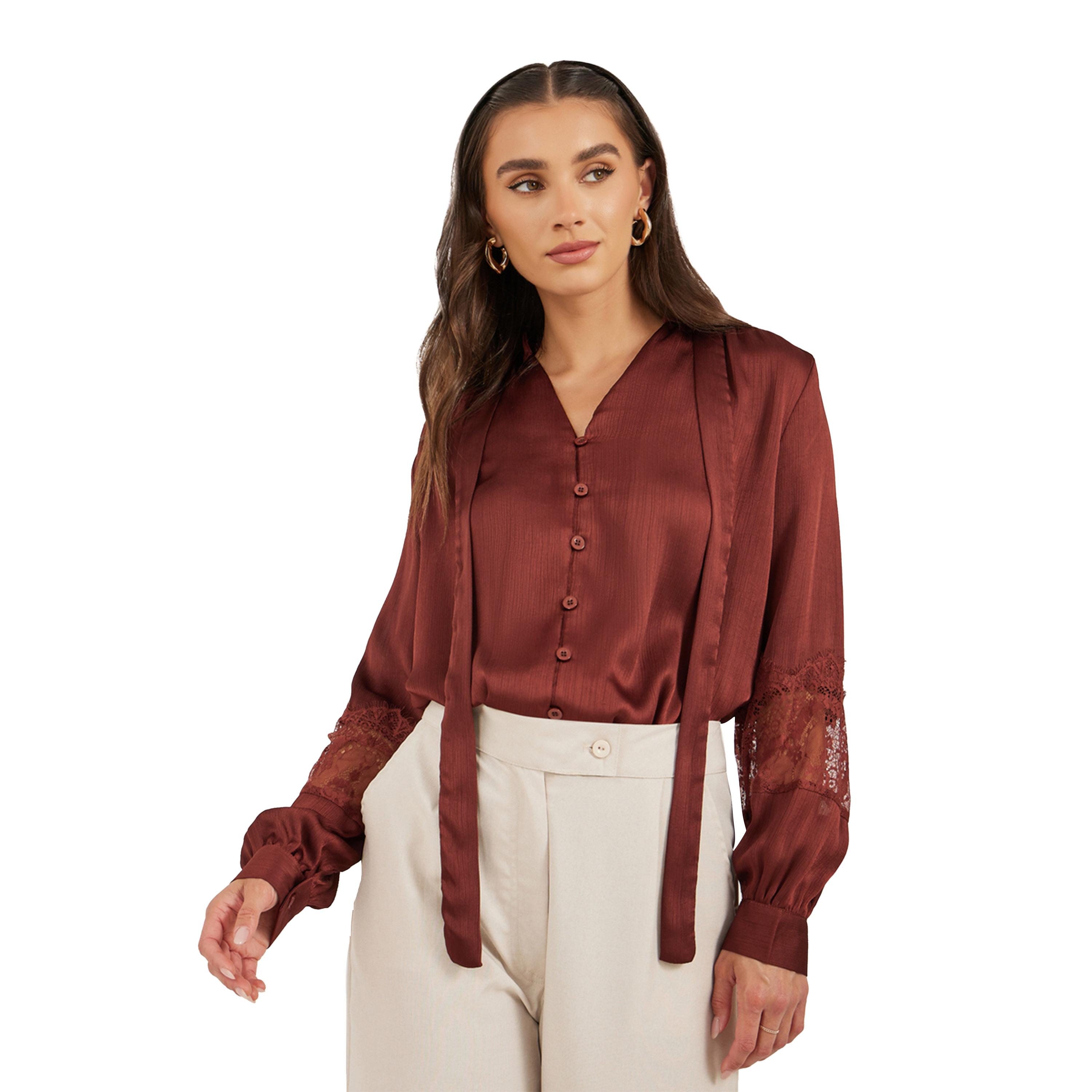 Styli Lace Insert Tie-Up Neck Buttoned Blouse-women-clothing-shirtsandblouses-blouses-image-1