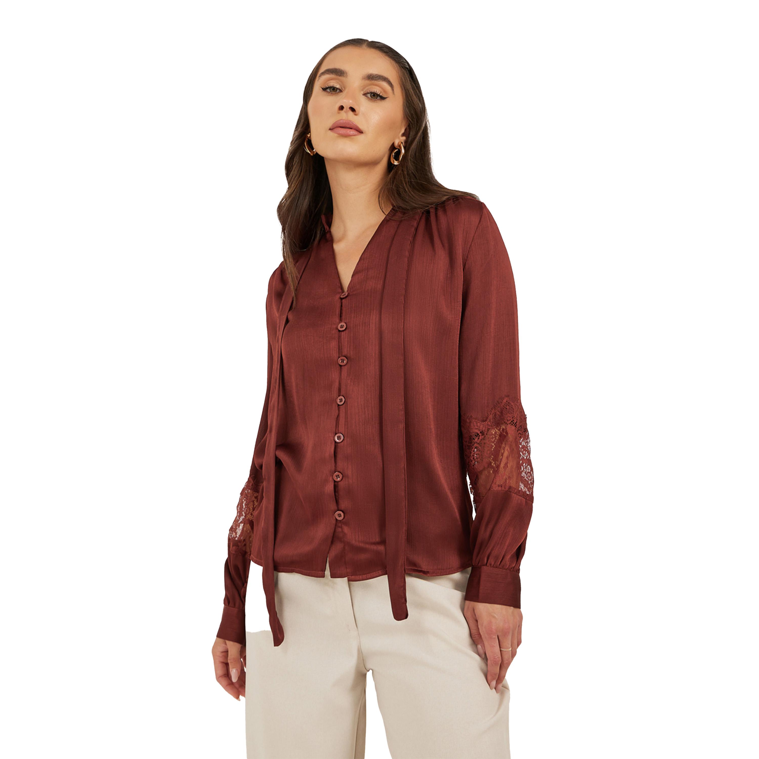 Styli Lace Insert Tie-Up Neck Buttoned Blouse-women-clothing-shirtsandblouses-blouses-image-2