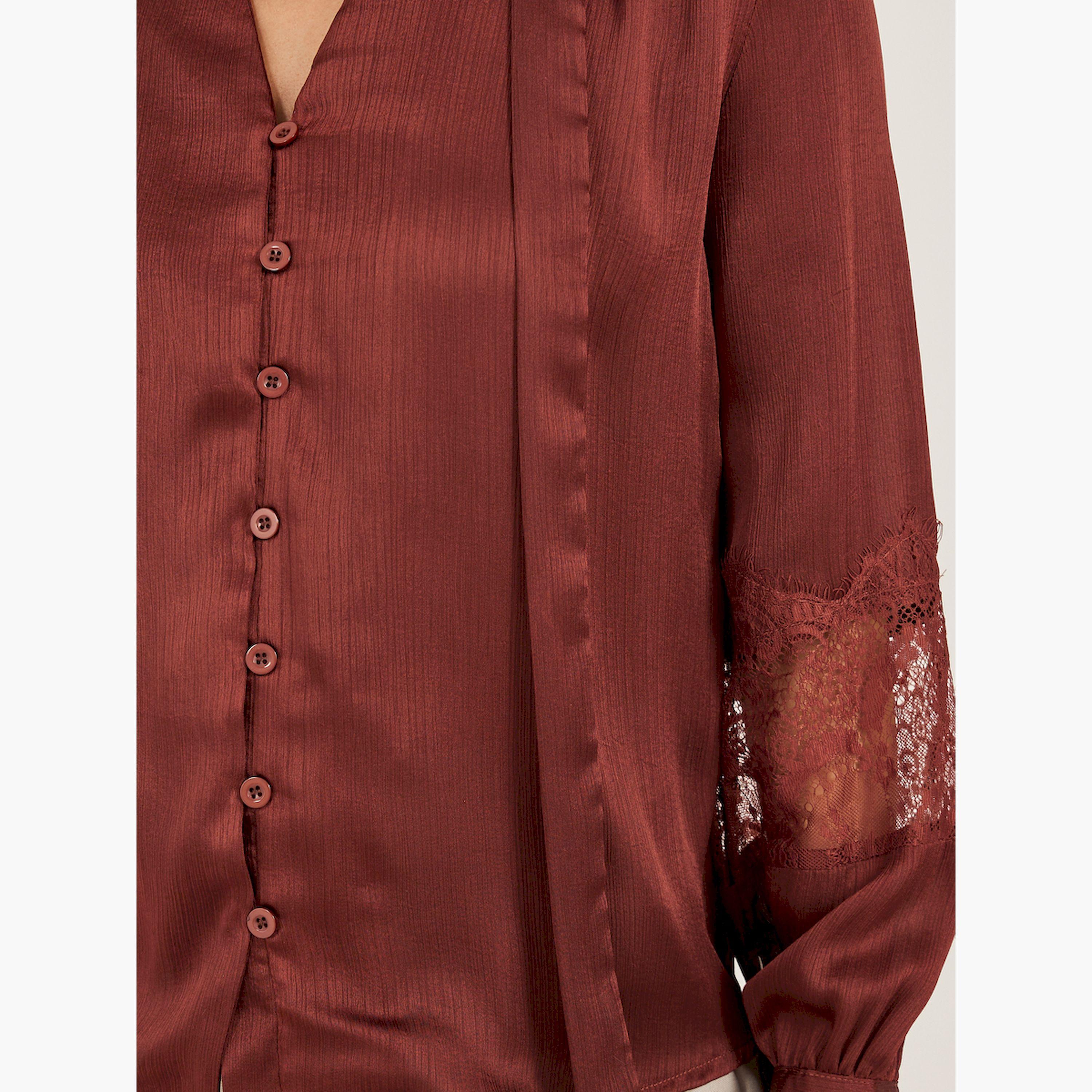 Styli Lace Insert Tie-Up Neck Buttoned Blouse-women-clothing-shirtsandblouses-blouses-image-4