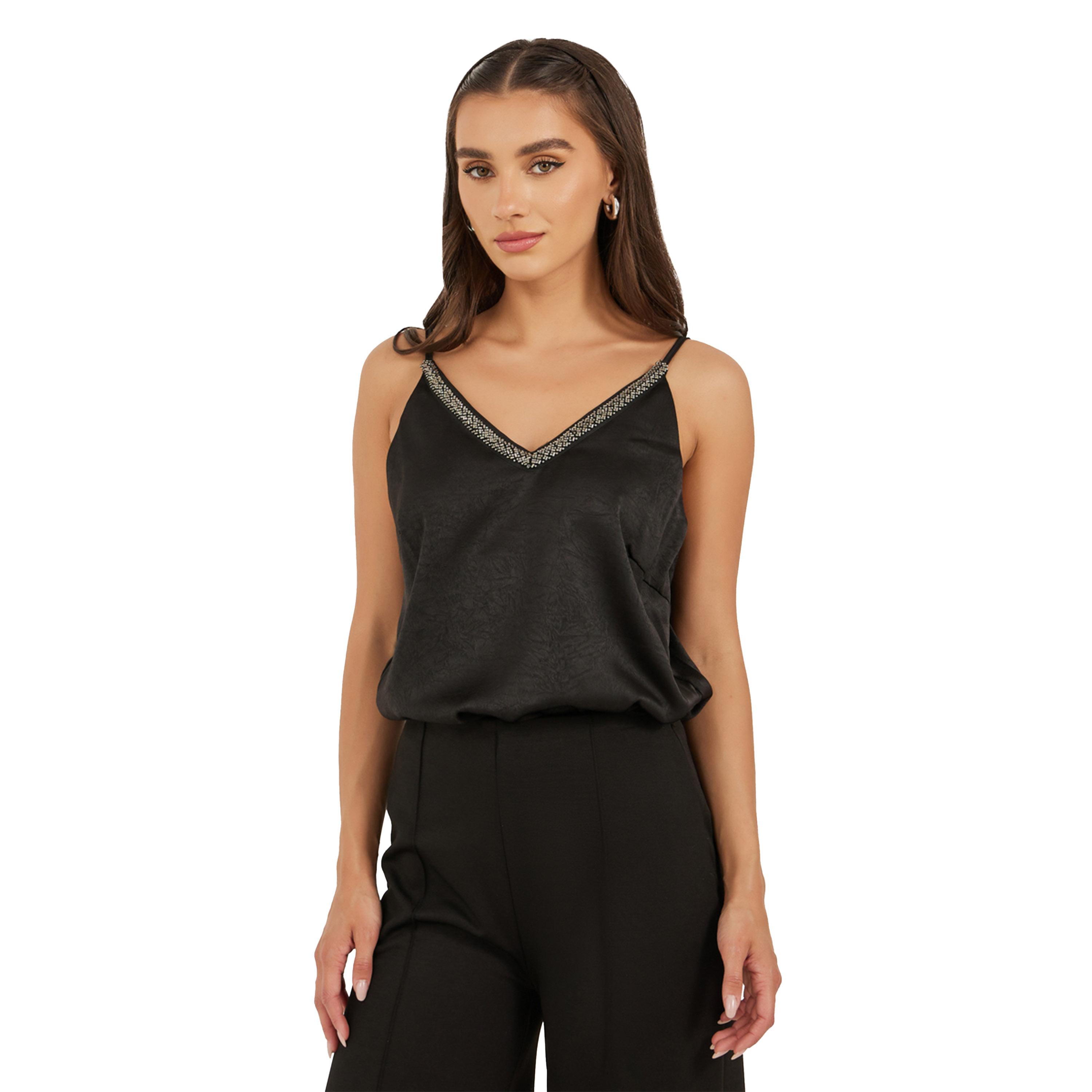 Styli Textured Embellished V Neck Cami Top-women-clothing-tshirts-image-1