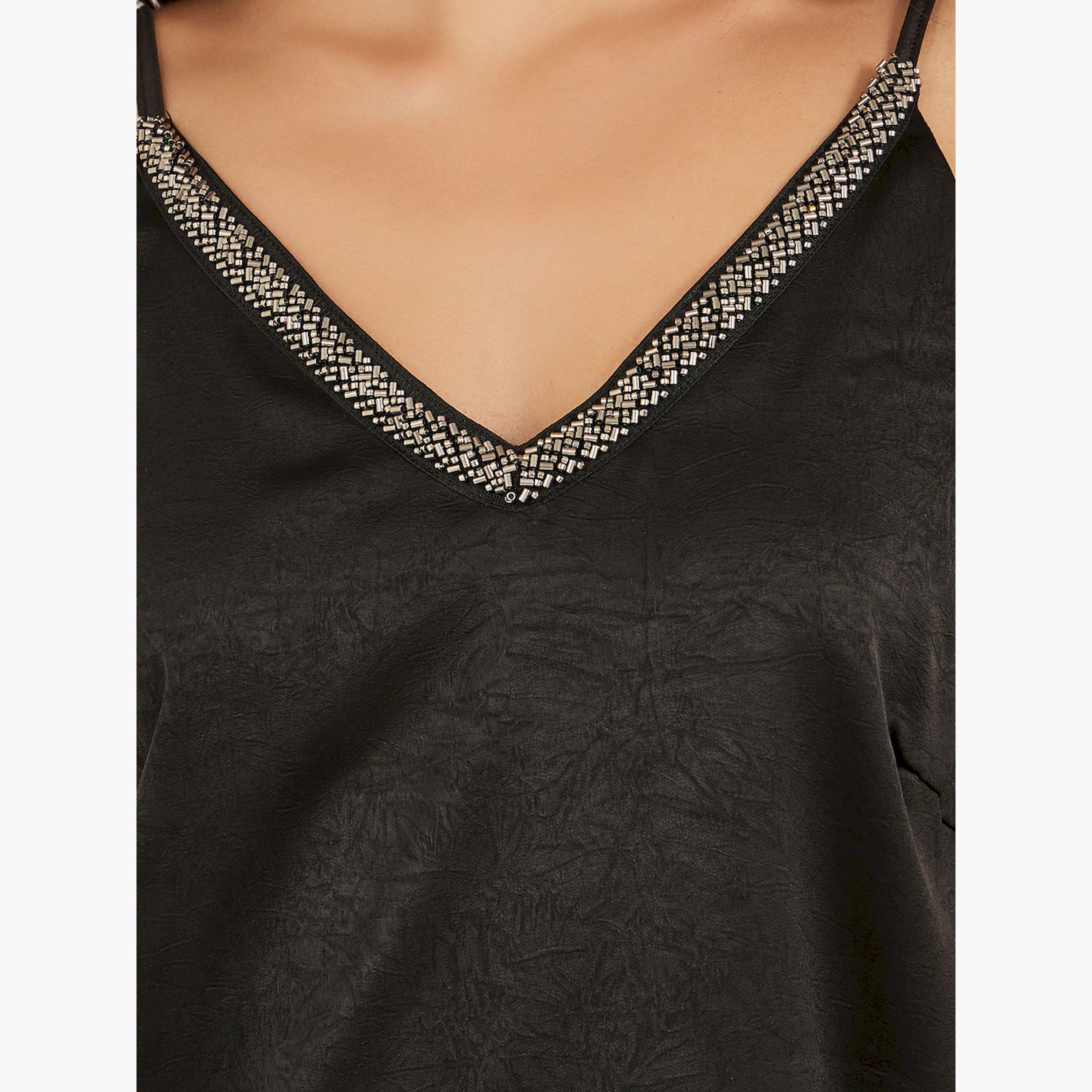 Styli Textured Embellished V Neck Cami Top-women-clothing-tshirts-image-4