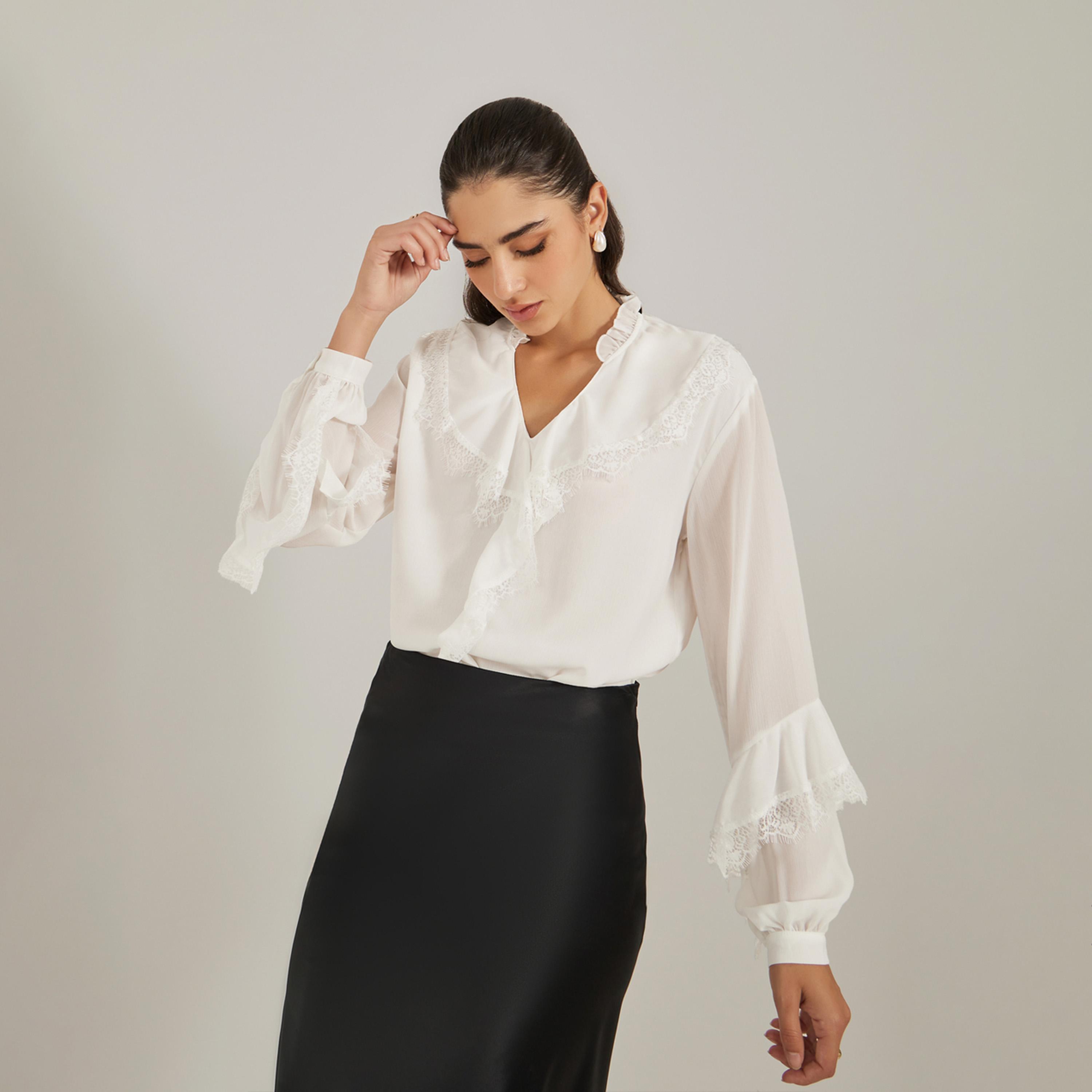 Styli Ruffled Detail Lace Insert V-Neck Blouse-women-clothing-shirtsandblouses-blouses-image-1