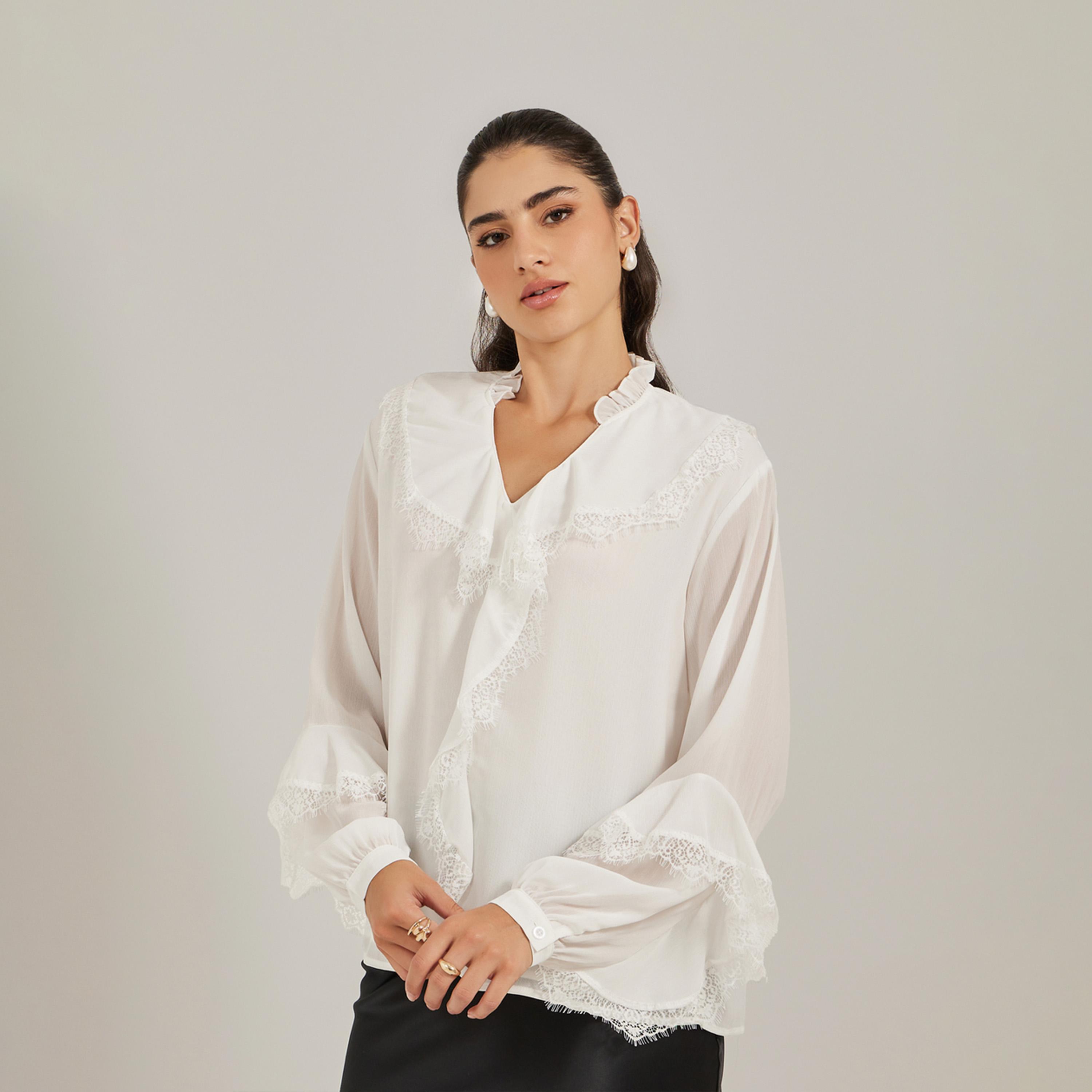 Styli Ruffled Detail Lace Insert V-Neck Blouse-women-clothing-shirtsandblouses-blouses-image-3