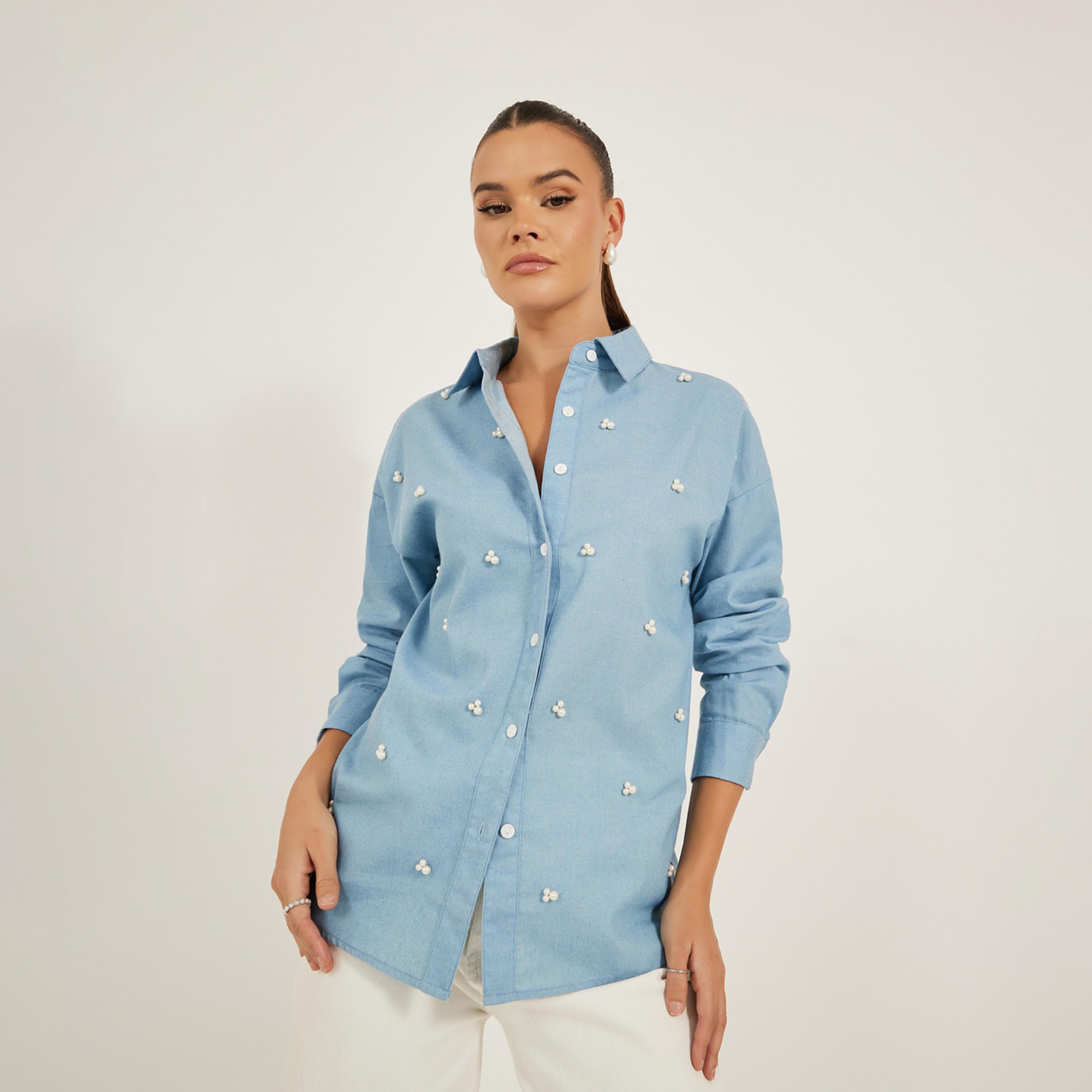 ستايلي - قميص فضفاض بأكمام طويلة مزين باللؤلؤ الصناعي-women-clothing-shirtsandblouses-shirts-image-1