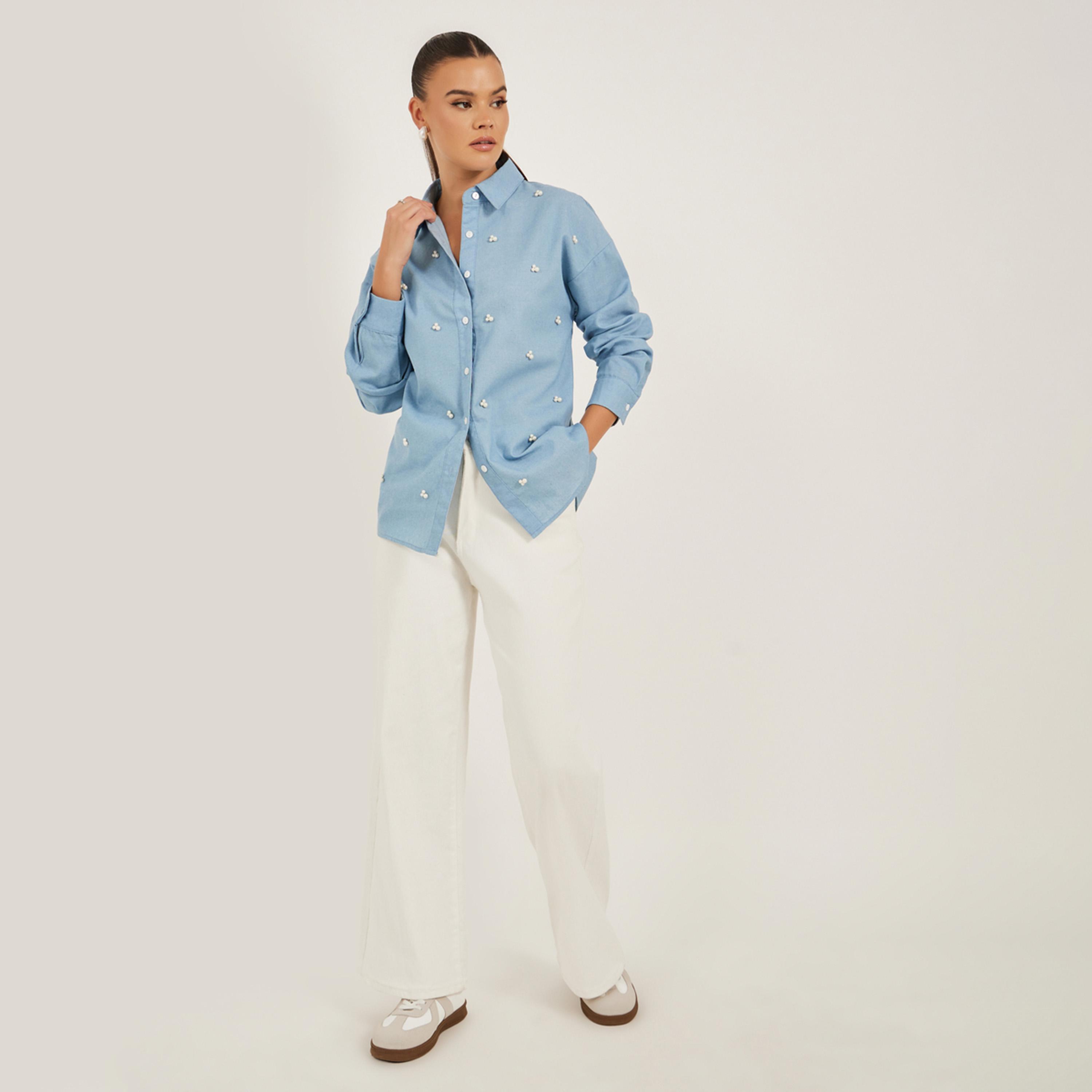 ستايلي - قميص فضفاض بأكمام طويلة مزين باللؤلؤ الصناعي-women-clothing-shirtsandblouses-shirts-image-2