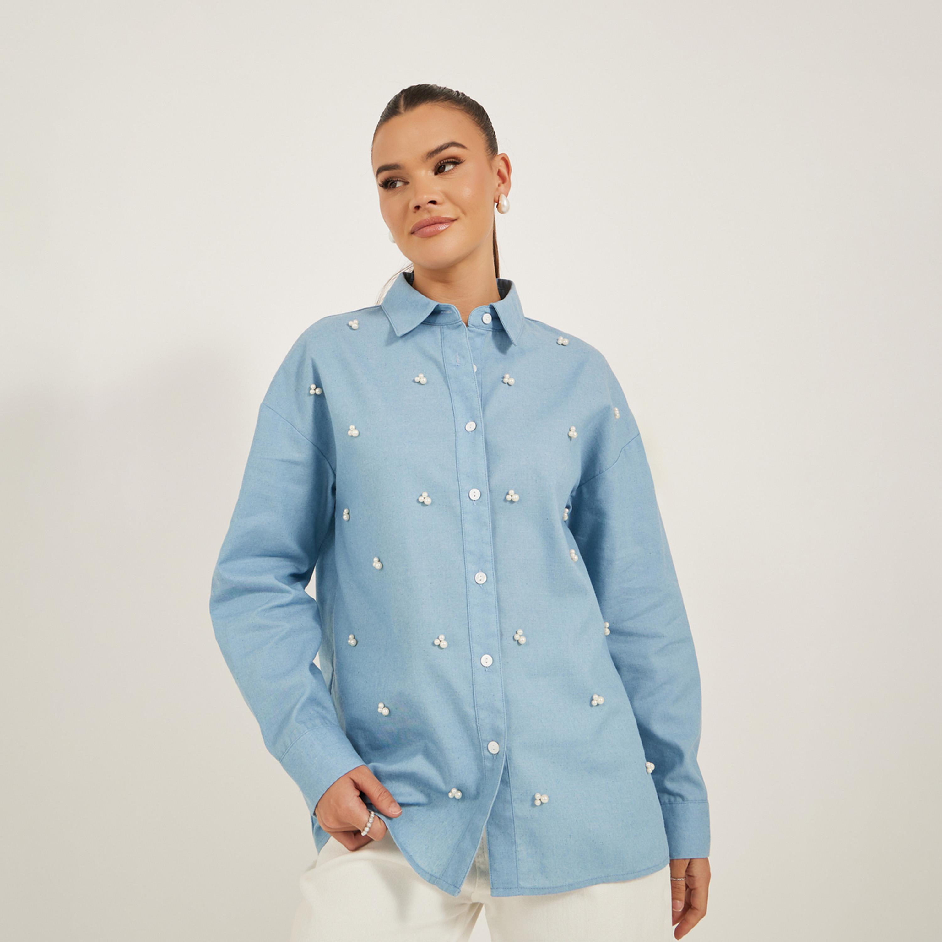 ستايلي - قميص فضفاض بأكمام طويلة مزين باللؤلؤ الصناعي-women-clothing-shirtsandblouses-shirts-image-3