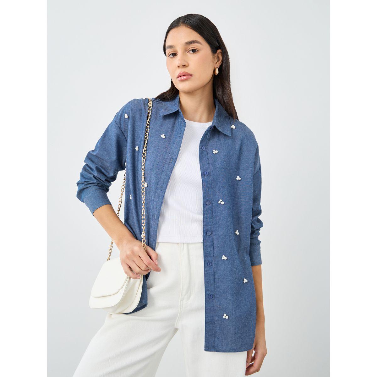 Styli Embellished Long Sleeve Denim Shirt-women-clothing-shirtsandblouses-shirts-image-1
