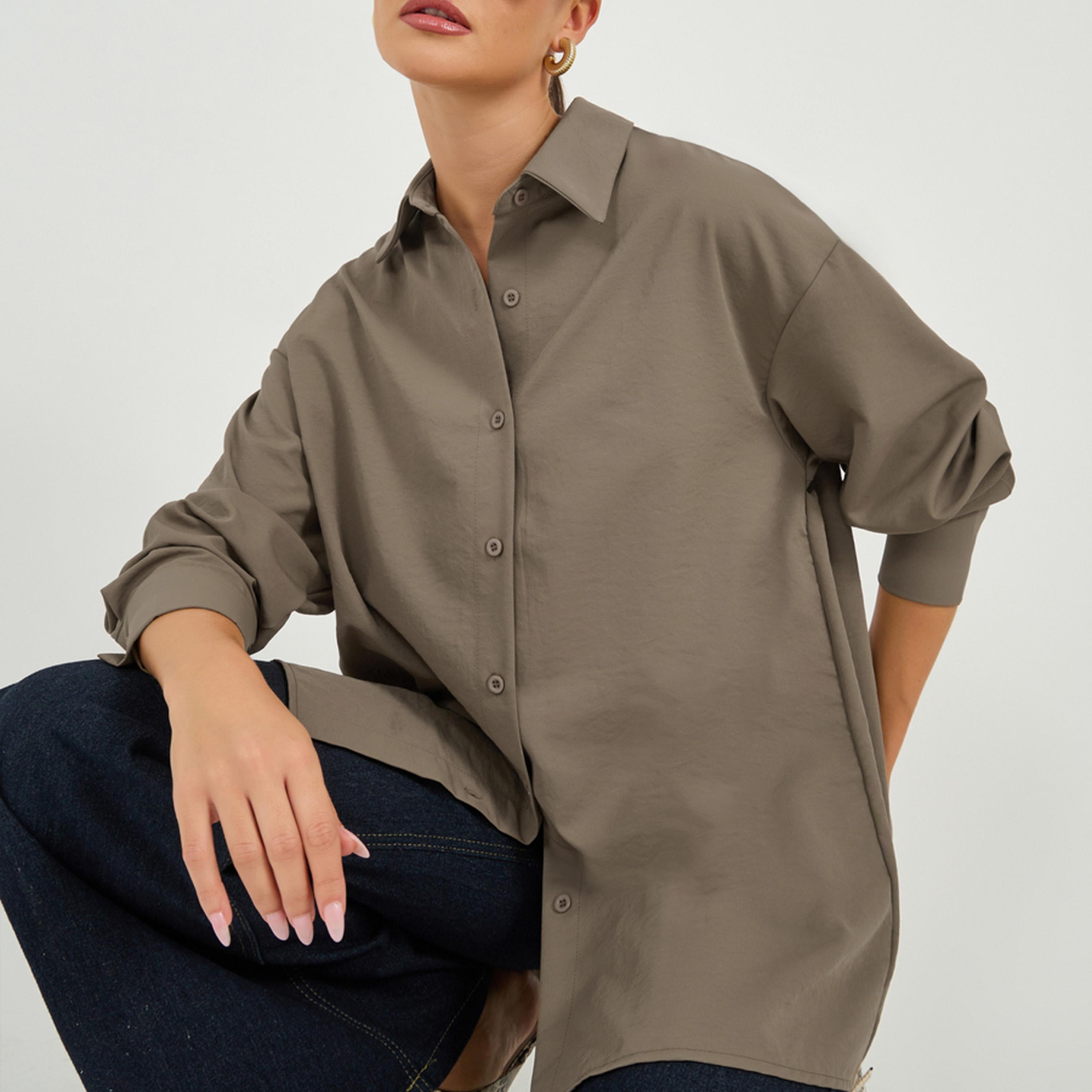Styli Oversized Drop Shoulder Shirt with Tie-Up Detail-women-clothing-shirtsandblouses-shirts-image-1