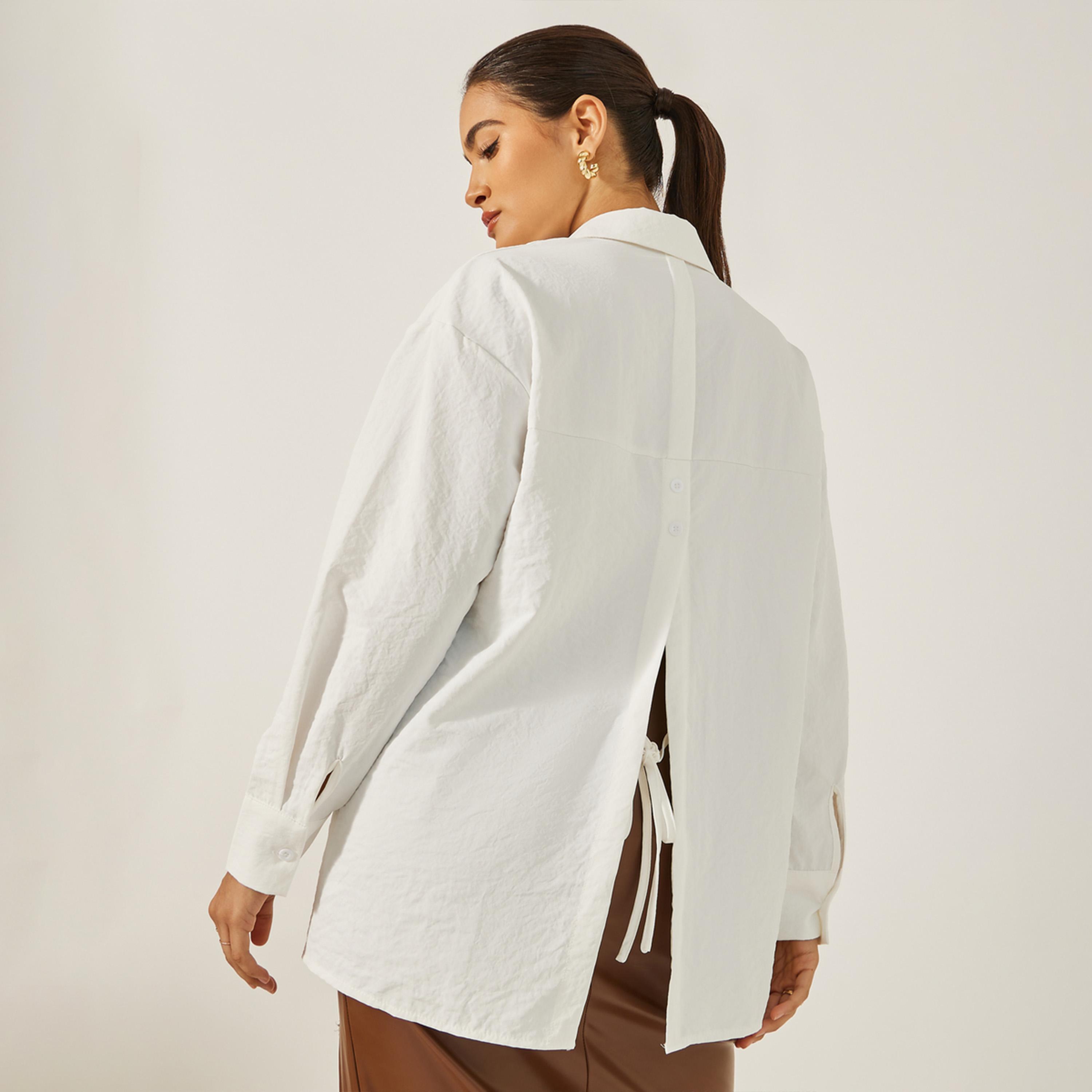 Styli Oversized Drop Shoulder Shirt with Tie-Up Detail-women-clothing-shirtsandblouses-shirts-image-1