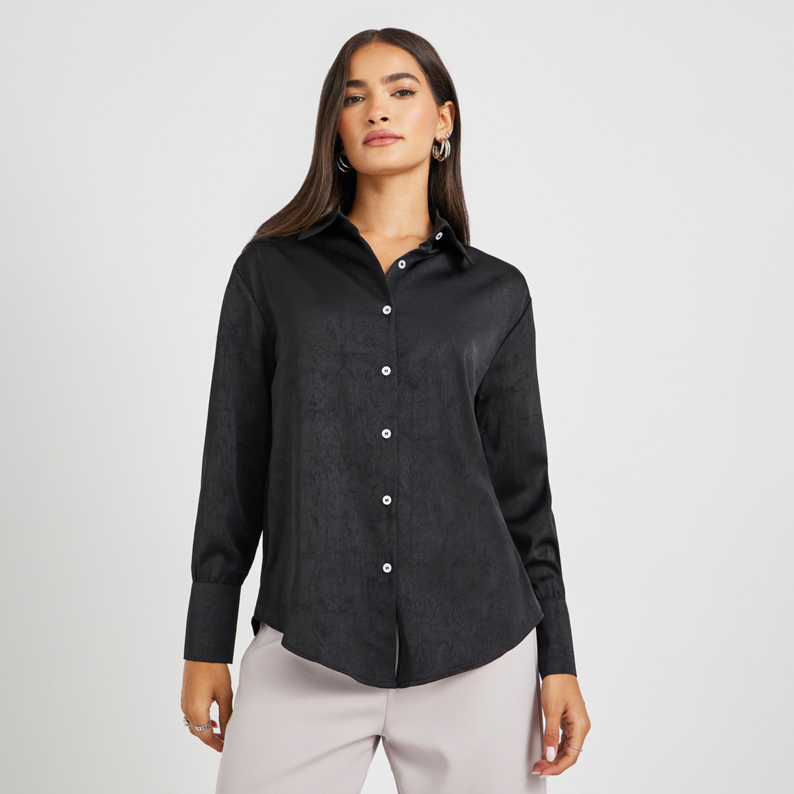 Styli Solid Buttoned Down Spread Collar Shirt-women-clothing-shirtsandblouses-shirts-image-1