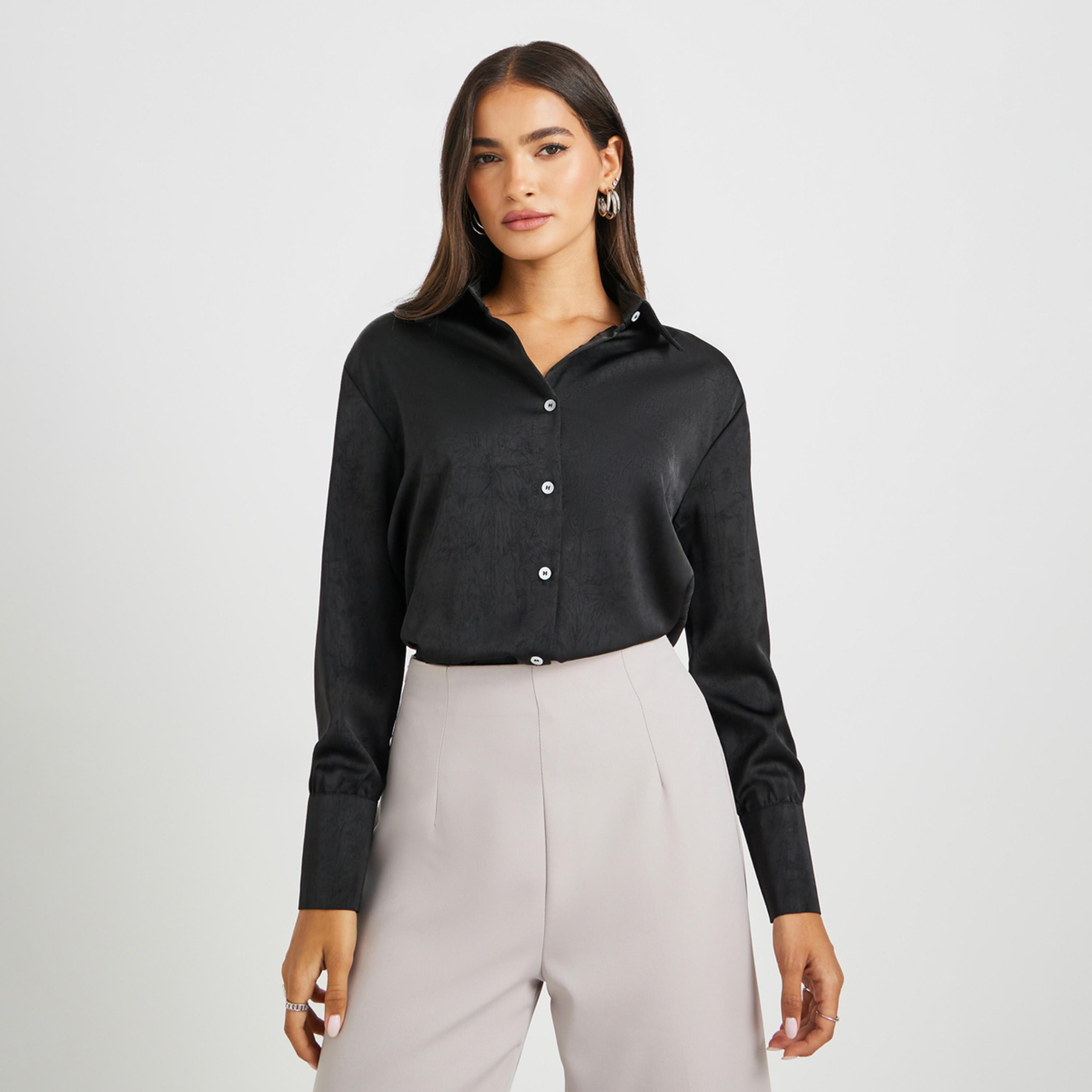Styli Solid Buttoned Down Spread Collar Shirt-women-clothing-shirtsandblouses-shirts-image-3
