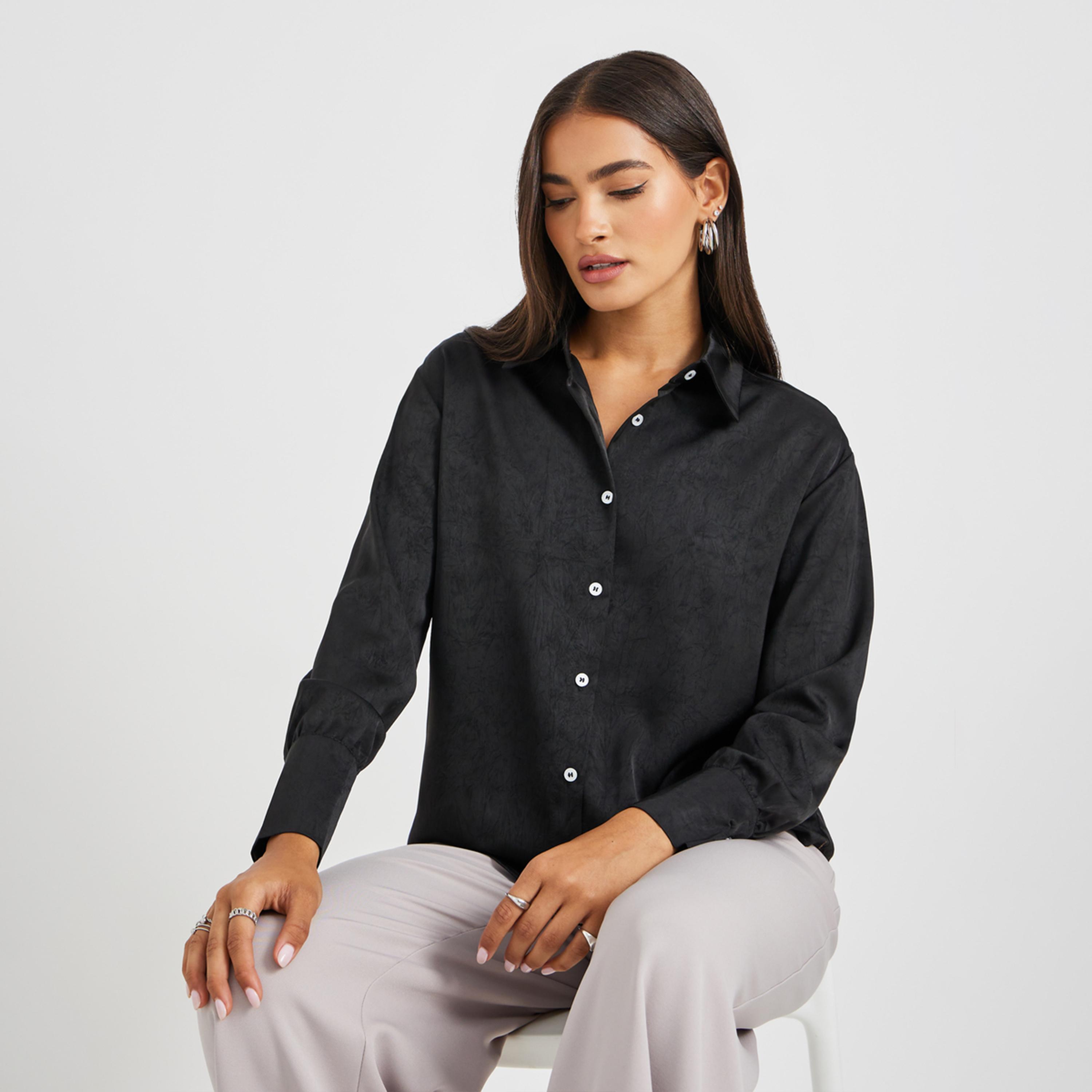 Styli Solid Buttoned Down Spread Collar Shirt-women-clothing-shirtsandblouses-shirts-image-5