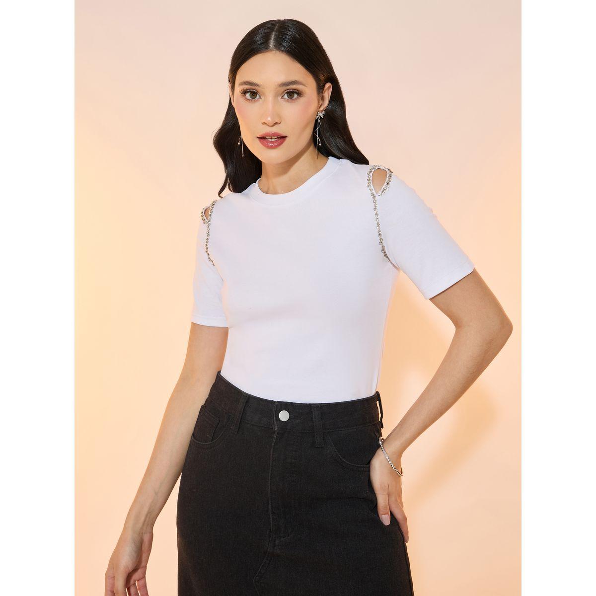 Embellished Cut-Out Detail Short Sleeve T-Shirt-women-clothing-tshirts-image-1
