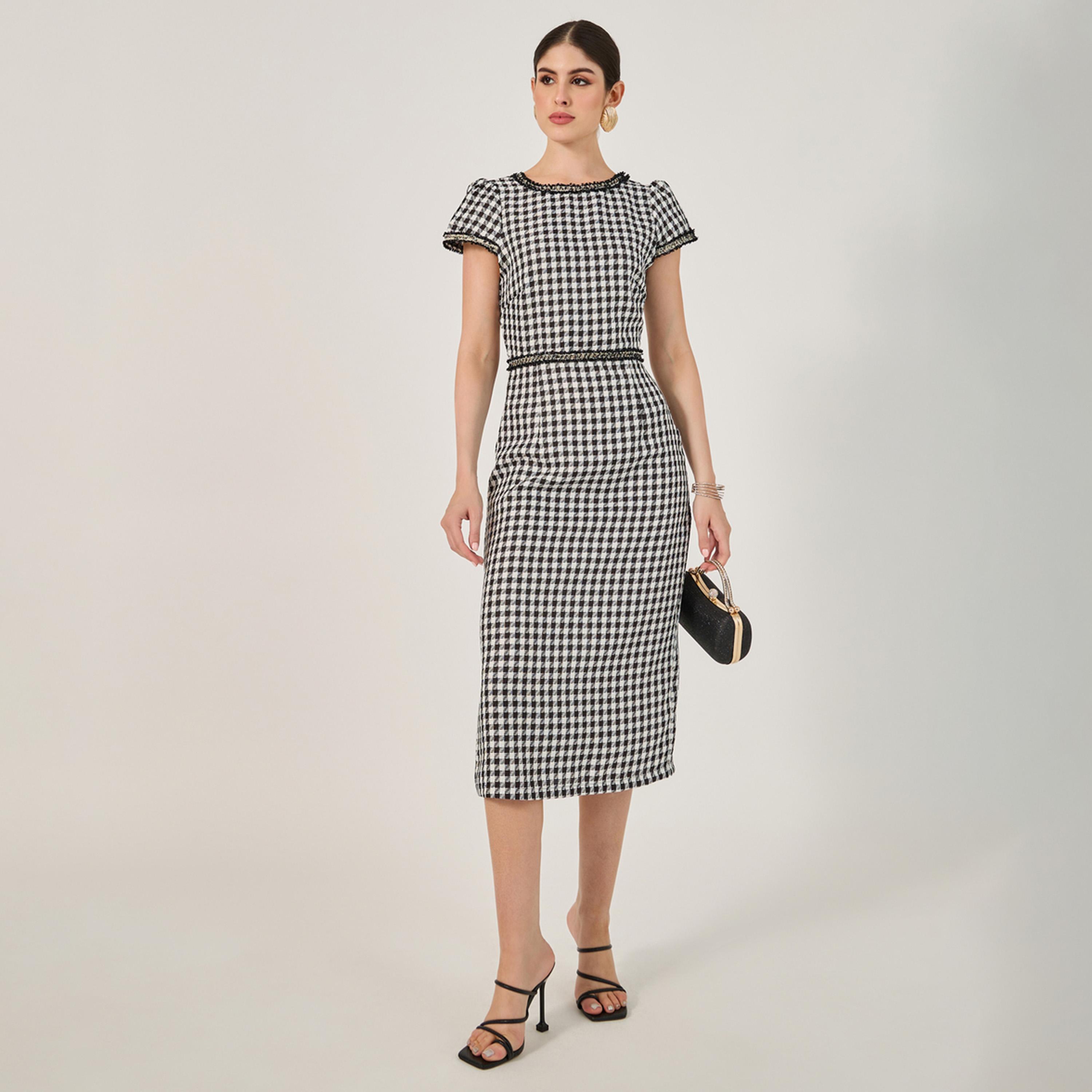 Styli Checked Short Sleeve Bodycon Midi Dress-women-clothing-dresses-image-1