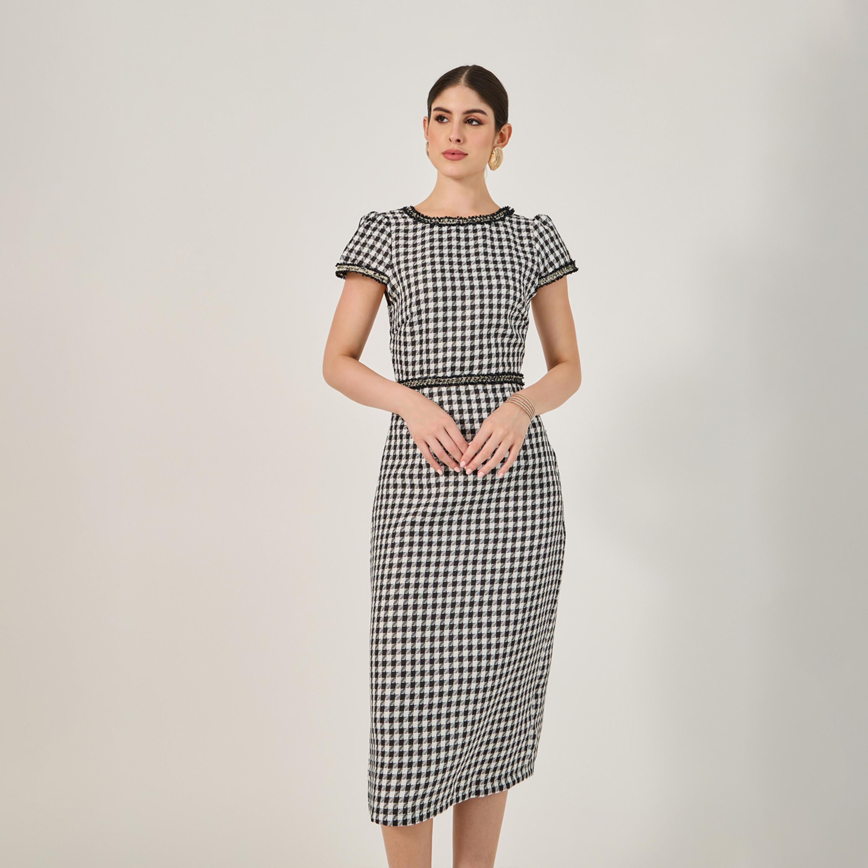 ستايلي - فستان ضيق متوسط الطول بأكمام قصيرة ومنقوش-women-clothing-dresses-image-3