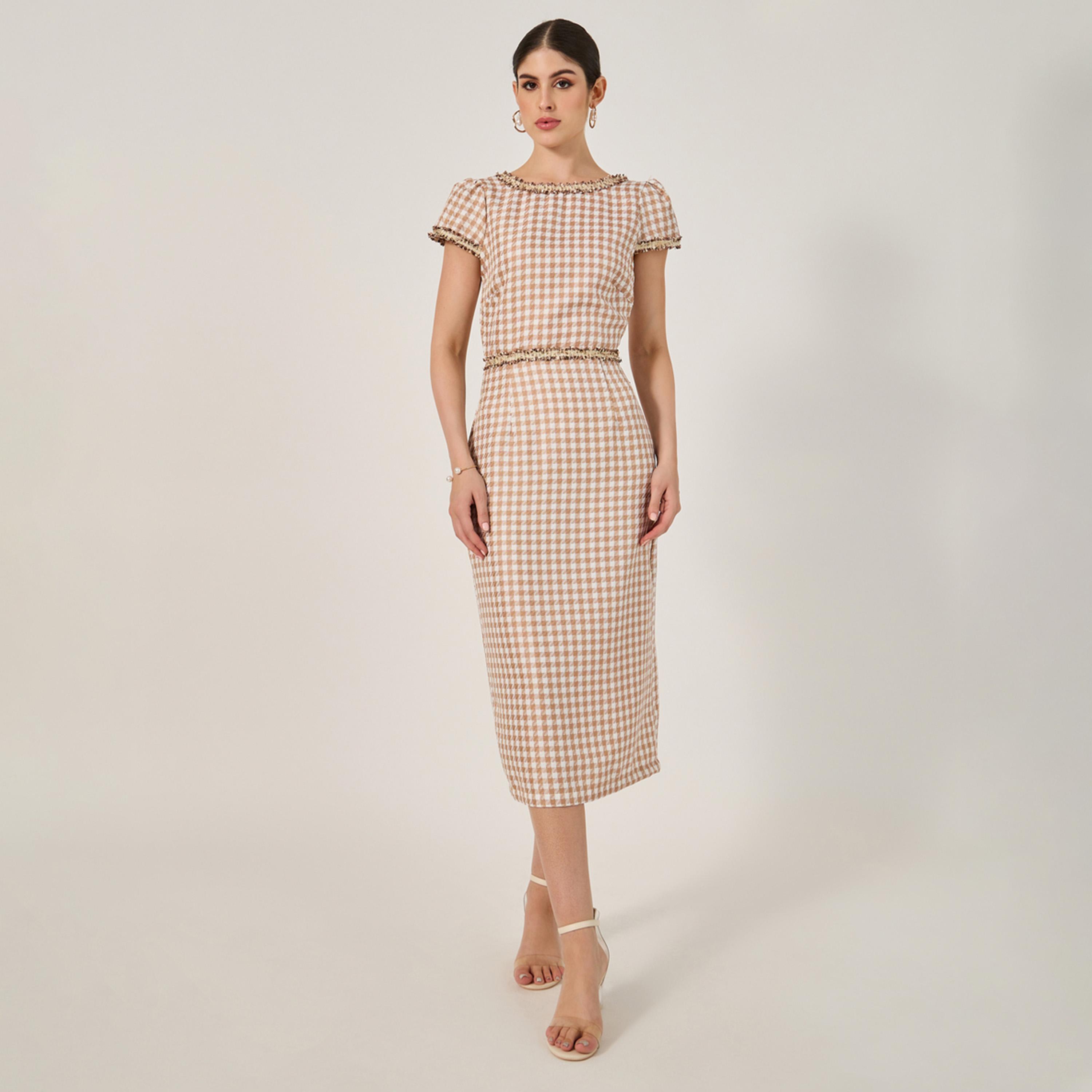 Styli Checked Short Sleeve Bodycon Midi Dress-women-clothing-dresses-image-1