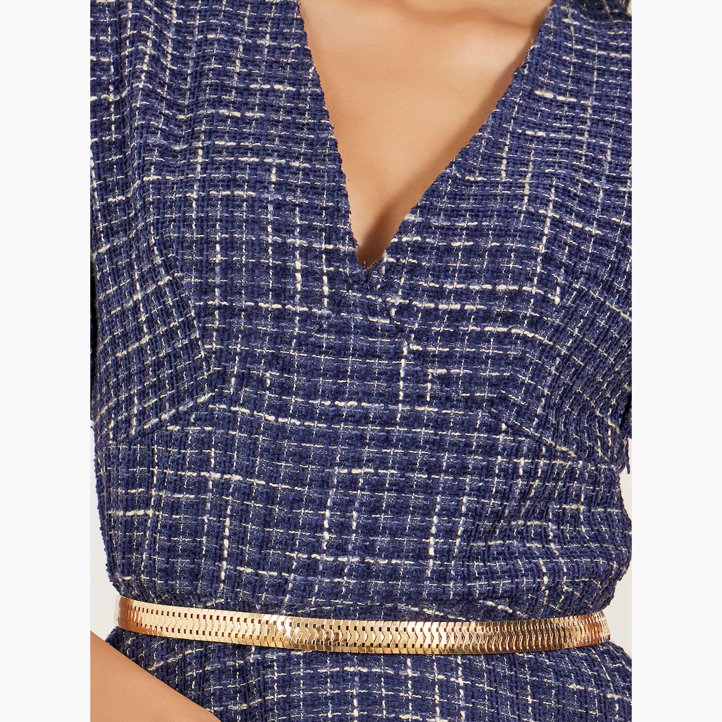 ستايلي - فستان تويد متوسط الطول بأكمام قصيرة وقصة A مع حزام سلسلة-women-clothing-dresses-image-4