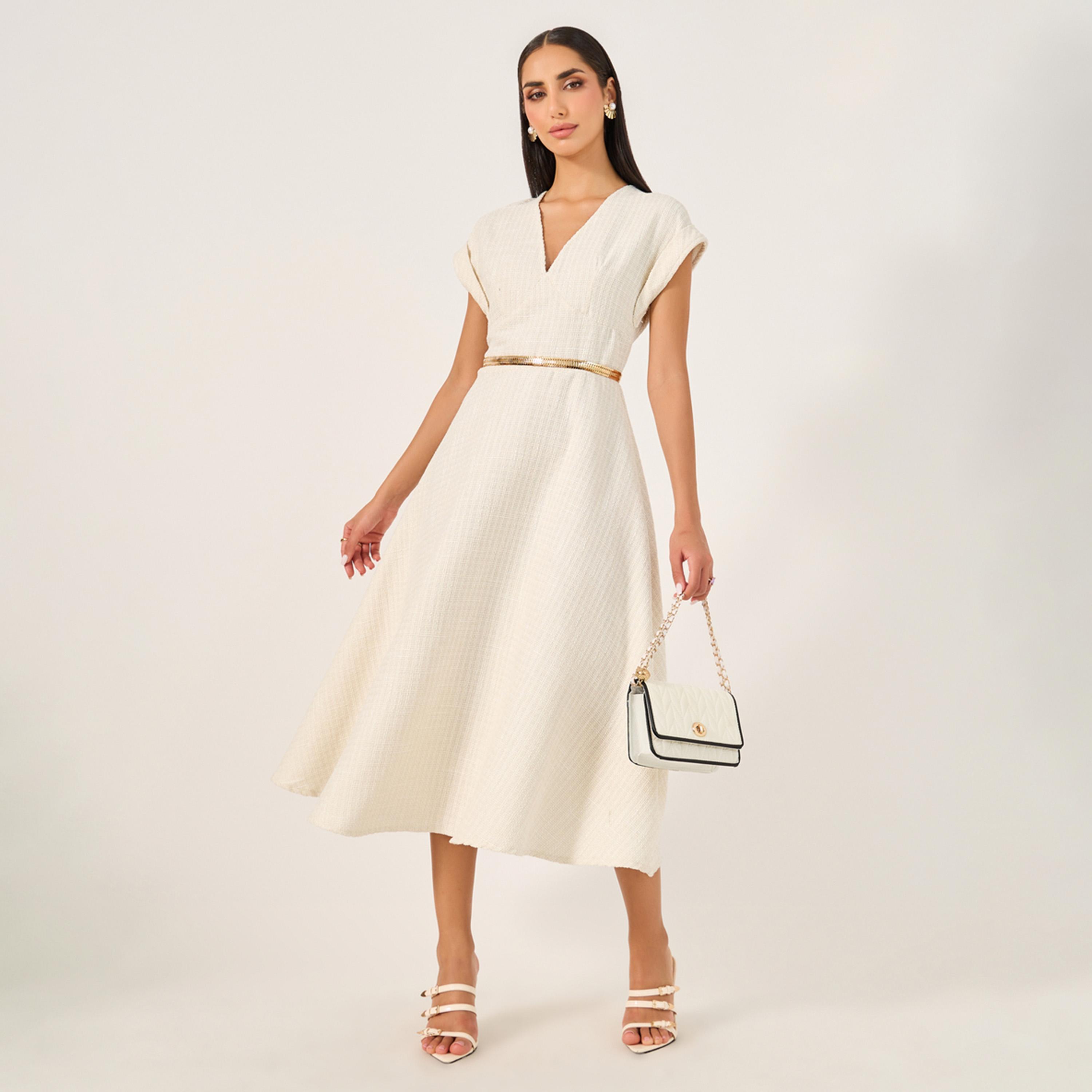 Styli Tweed Cap Sleeves A-Line Midi Dress with Chain Belt-women-clothing-dresses-image-1