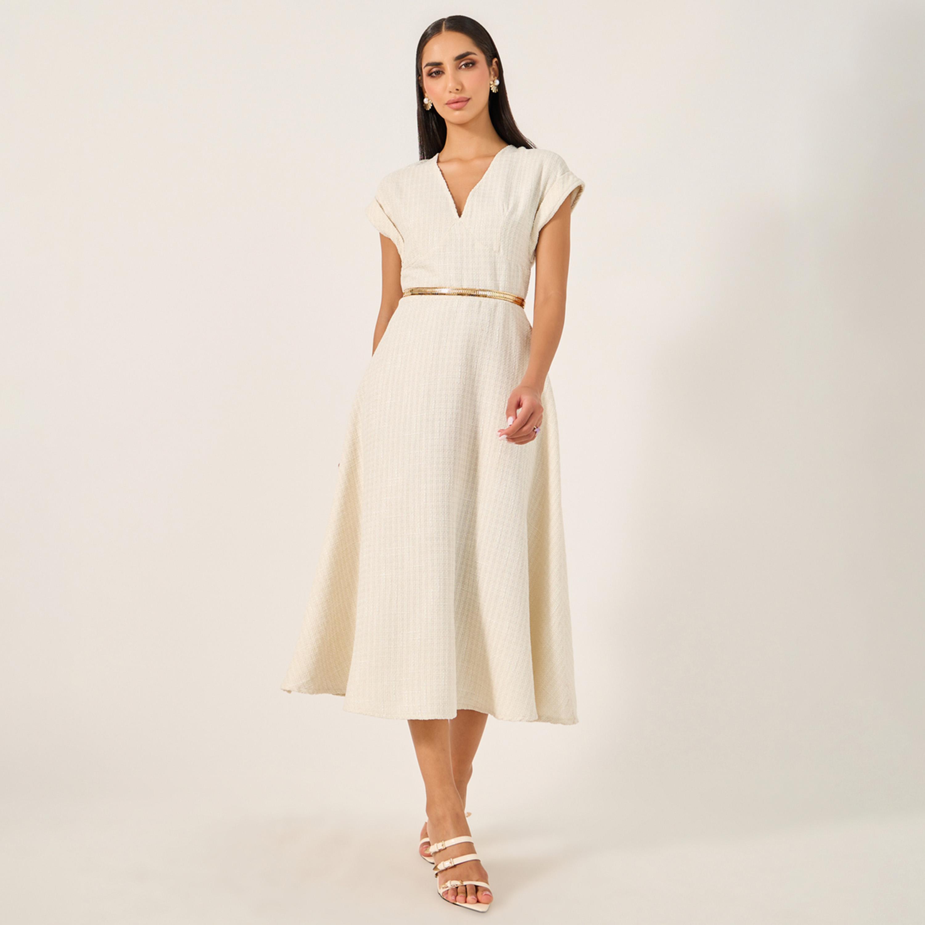 ستايلي - فستان تويد متوسط الطول بأكمام قصيرة وقصة A مع حزام سلسلة-women-clothing-dresses-image-2