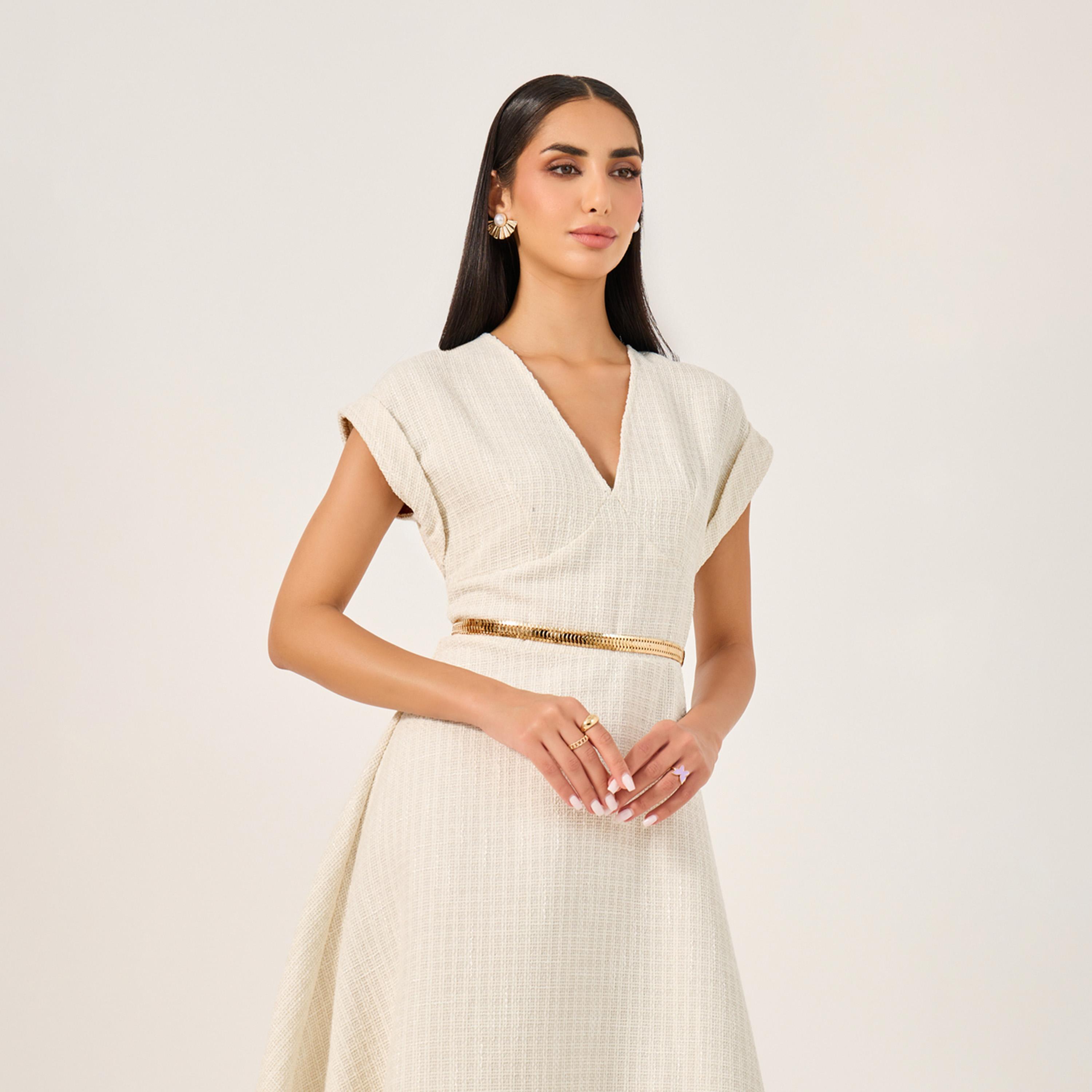 ستايلي - فستان تويد متوسط الطول بأكمام قصيرة وقصة A مع حزام سلسلة-women-clothing-dresses-image-3