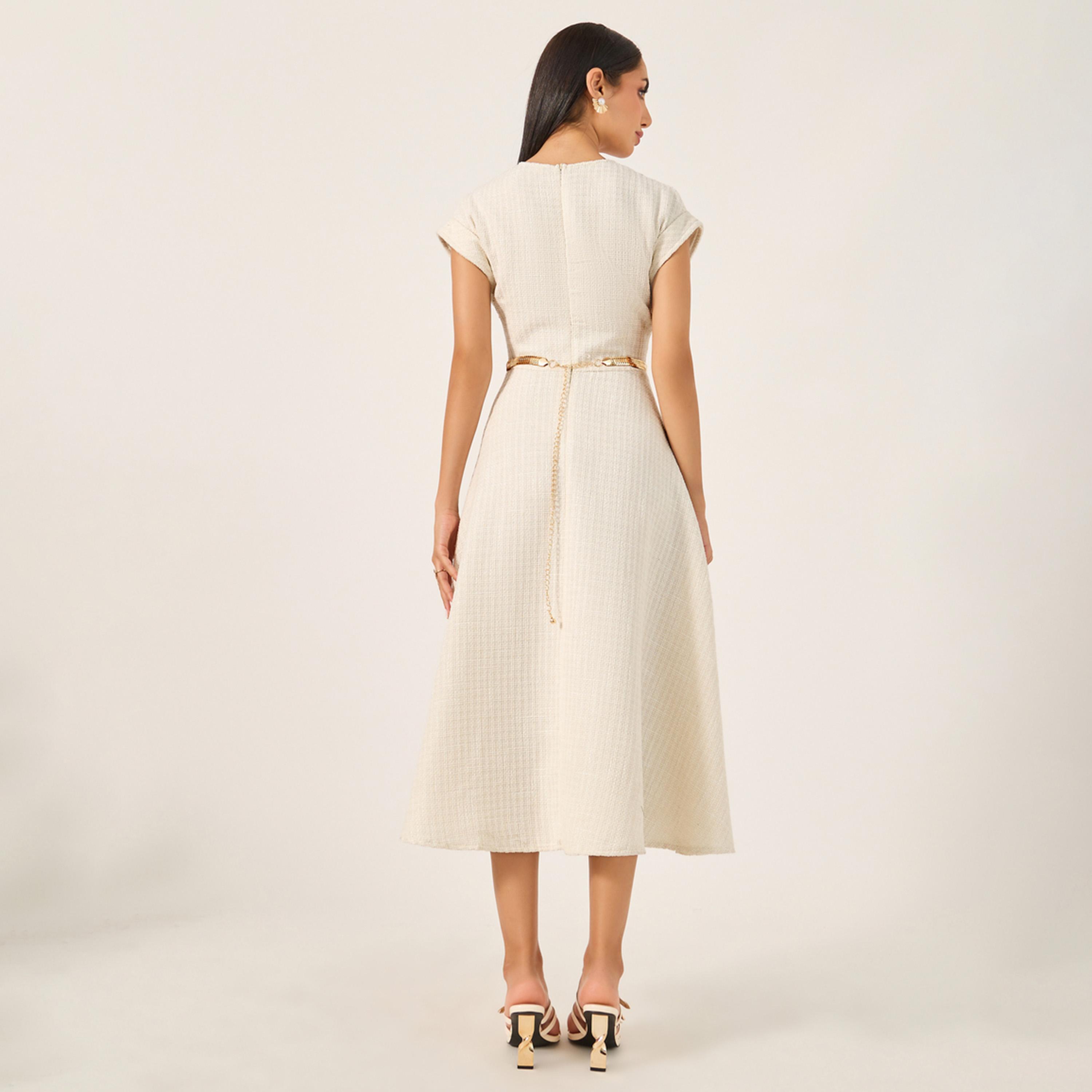 ستايلي - فستان تويد متوسط الطول بأكمام قصيرة وقصة A مع حزام سلسلة-women-clothing-dresses-image-5
