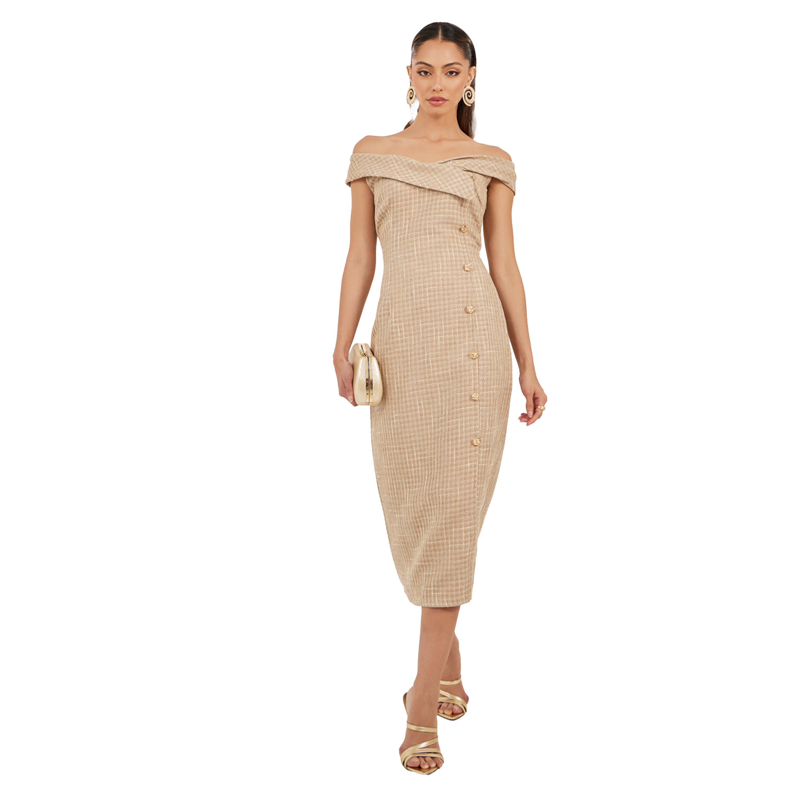 ستايلي -  فستان تويد بدون أكمام وكتف مكشوف متوسط الطول-women-clothing-dresses-image-1