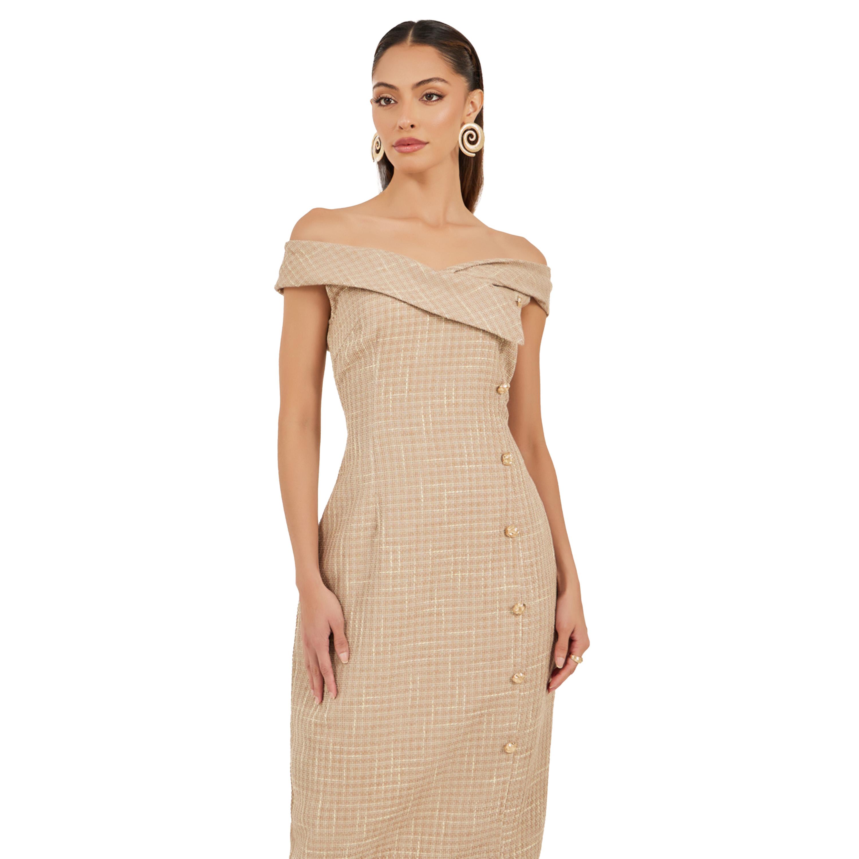Styli Tweed Sleeveless Off Shoulder Sheath Midi Dress-women-clothing-dresses-image-3
