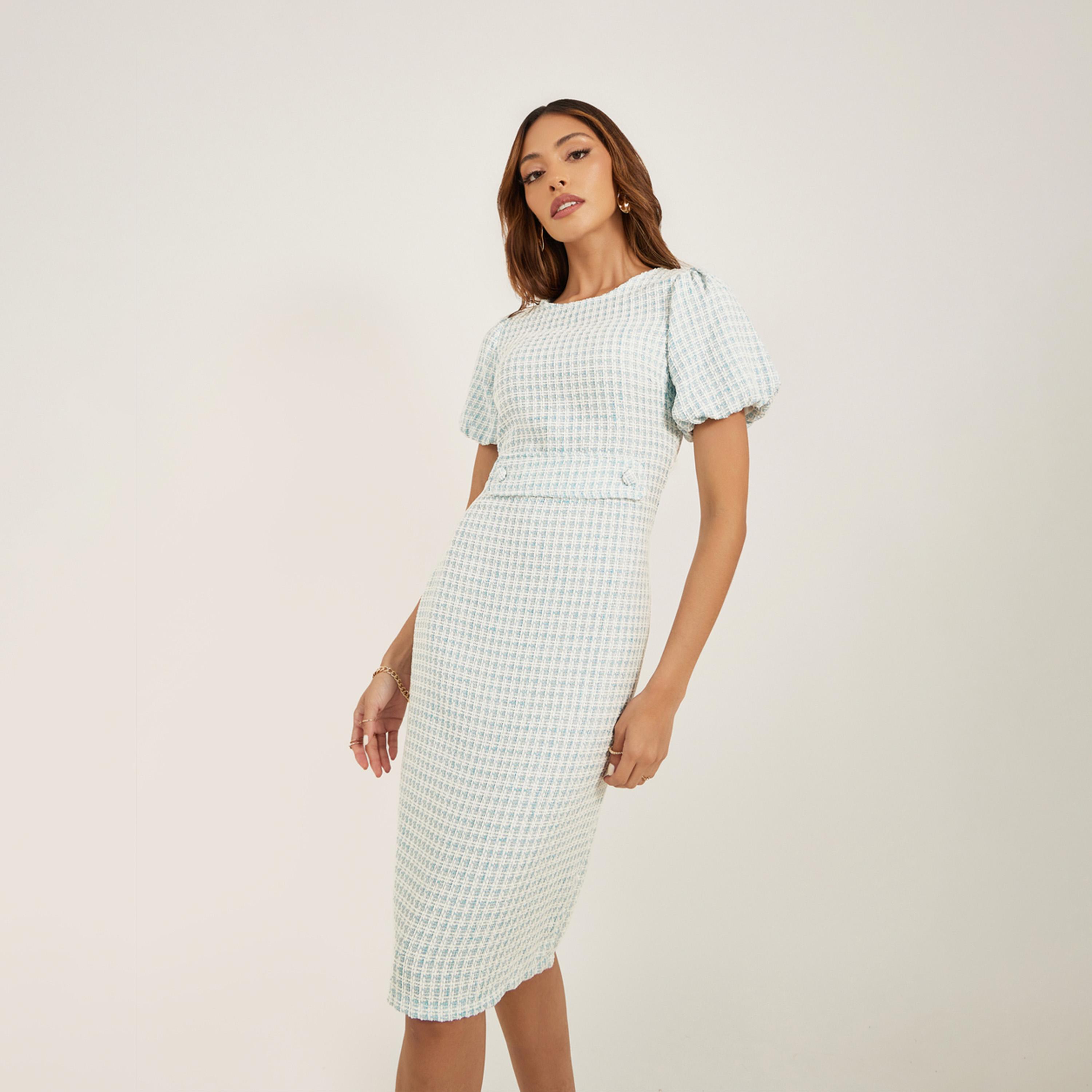 ستايلي - فستان تويد بأكمام منتفخة وطول الركبة-women-clothing-dresses-image-1