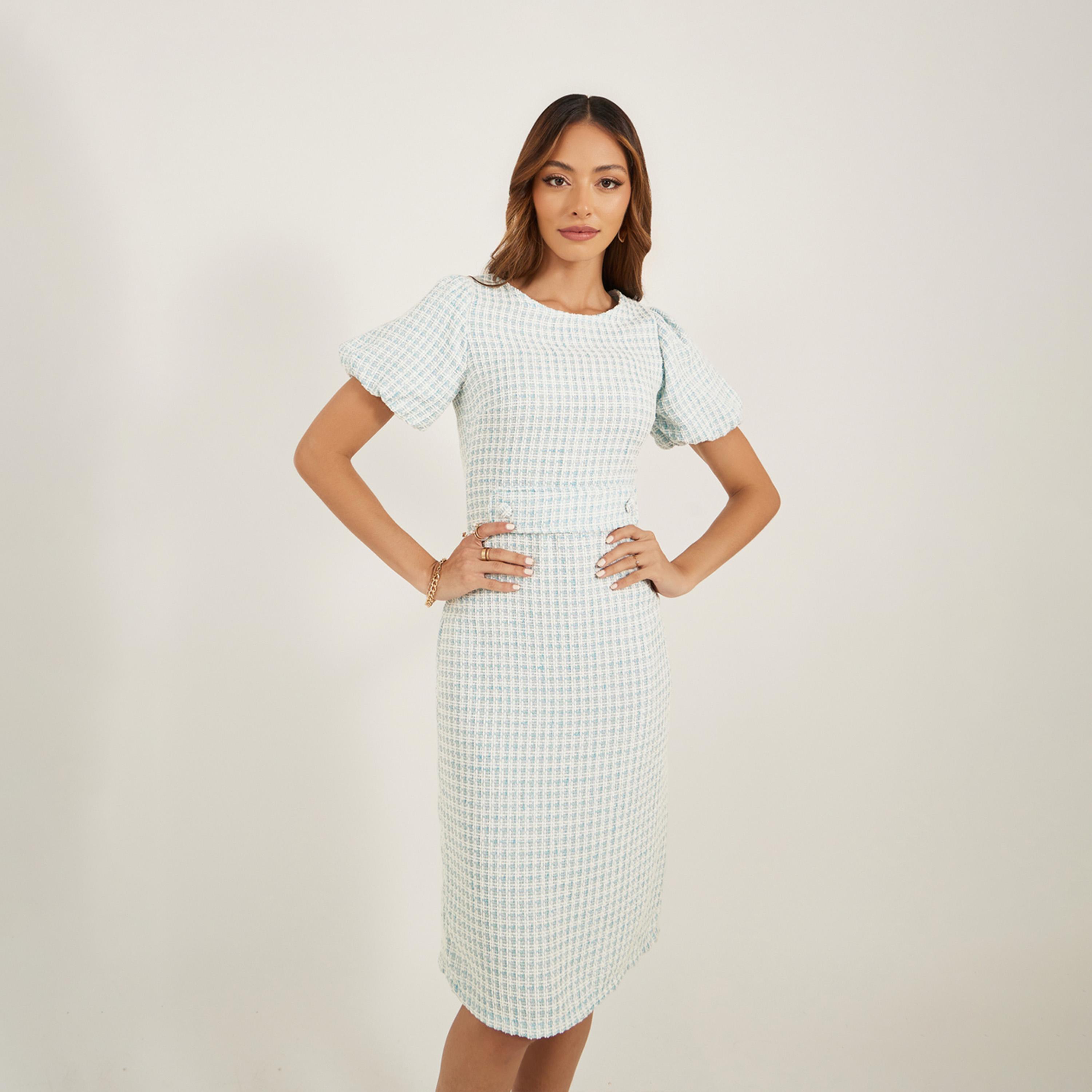 ستايلي - فستان تويد بأكمام منتفخة وطول الركبة-women-clothing-dresses-image-4
