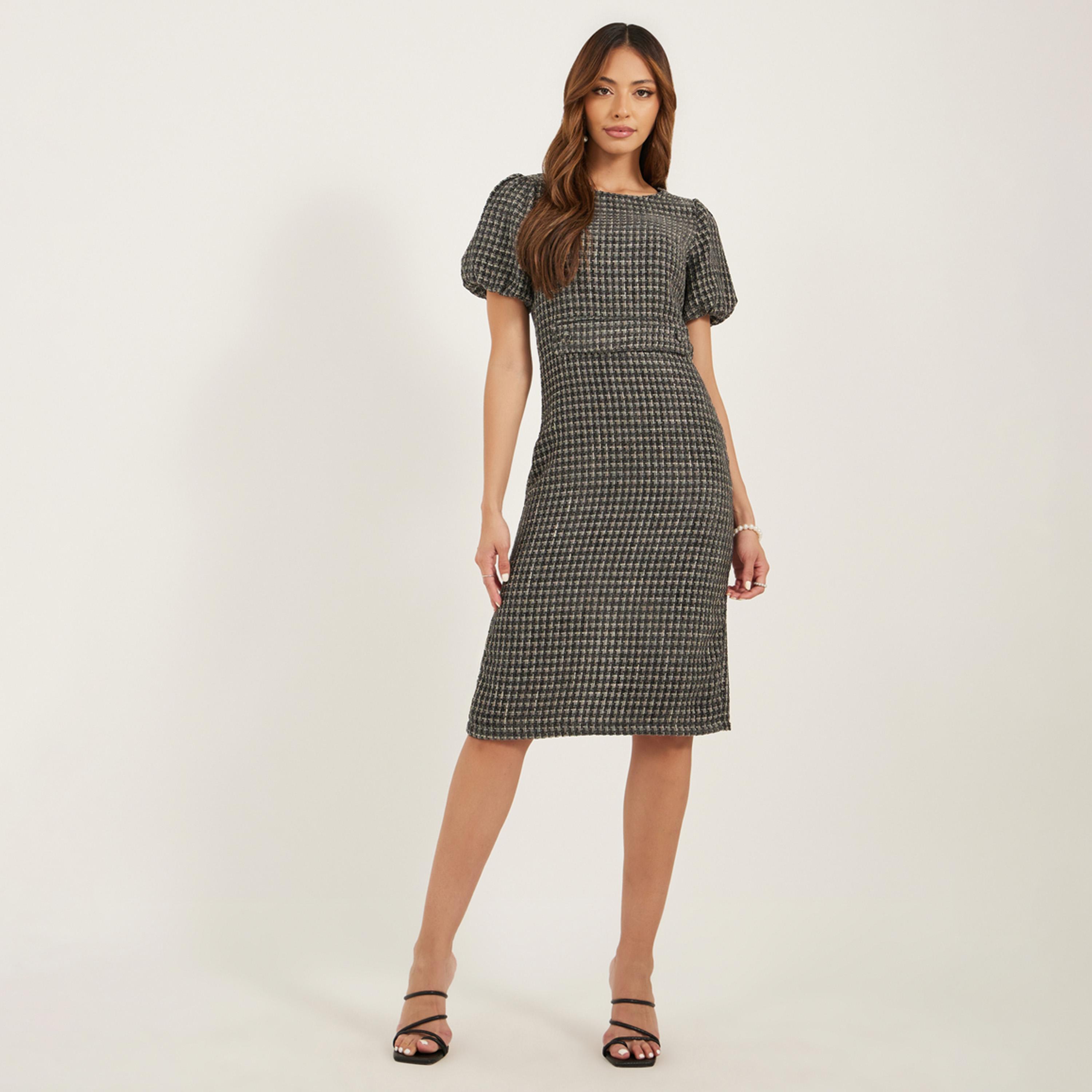 ستايلي - فستان تويد بأكمام منتفخة وطول الركبة-women-clothing-dresses-image-1