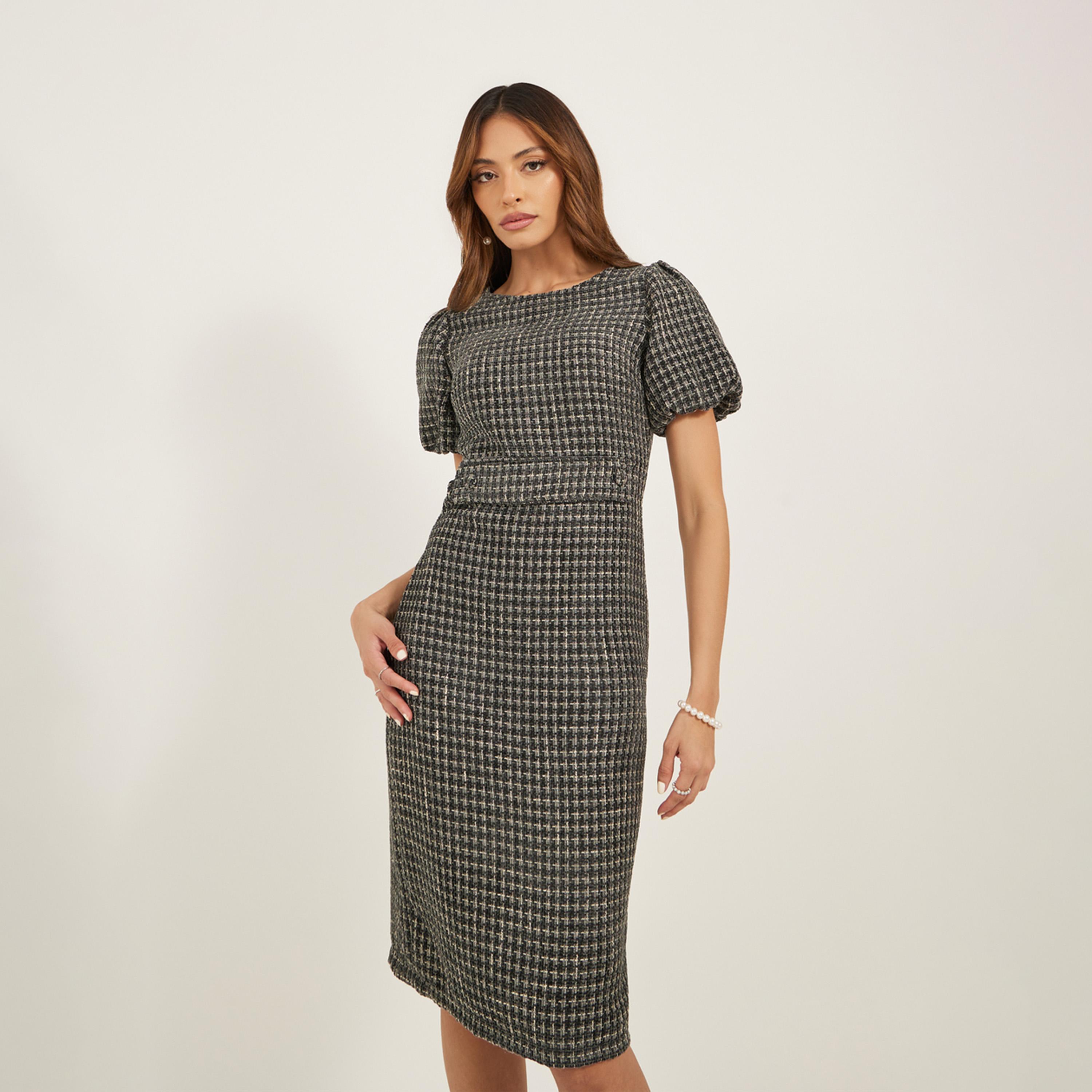 ستايلي - فستان تويد بأكمام منتفخة وطول الركبة-women-clothing-dresses-image-3