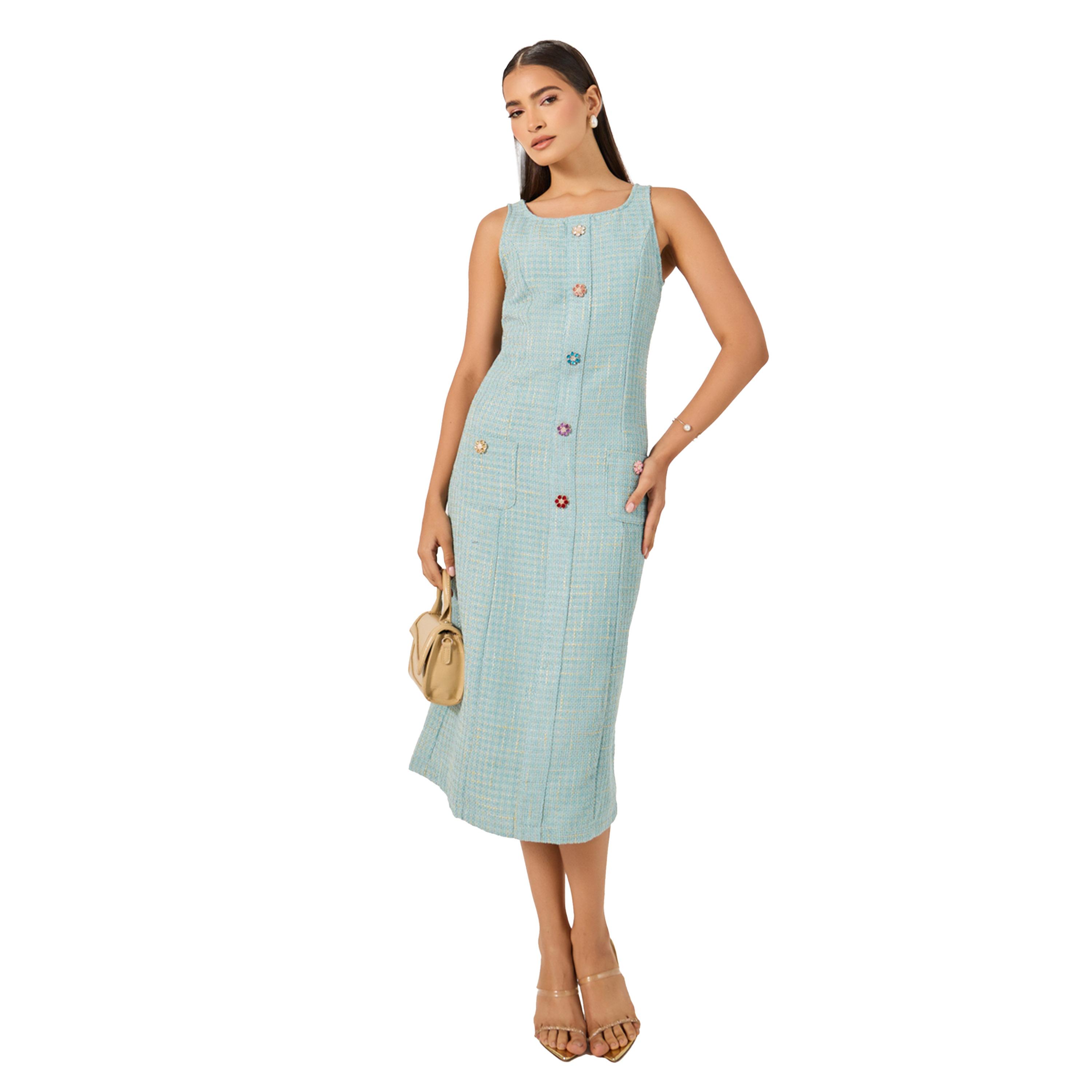 ستايلي -  فستان تويد متوسط الطول بدون أكمام على شكل حرف A مع تفاصيل أزرار-women-clothing-dresses-image-1