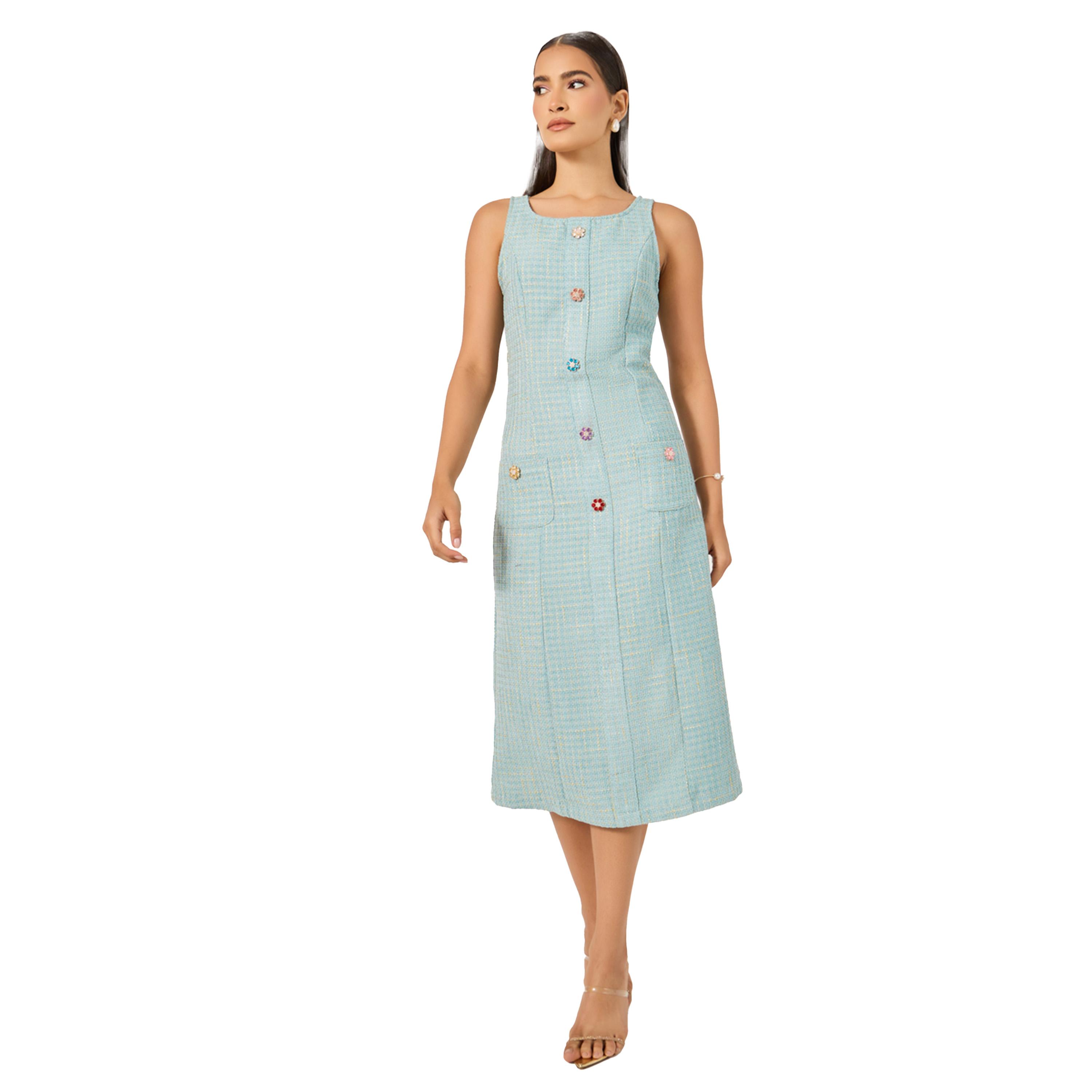 ستايلي -  فستان تويد متوسط الطول بدون أكمام على شكل حرف A مع تفاصيل أزرار-women-clothing-dresses-image-2