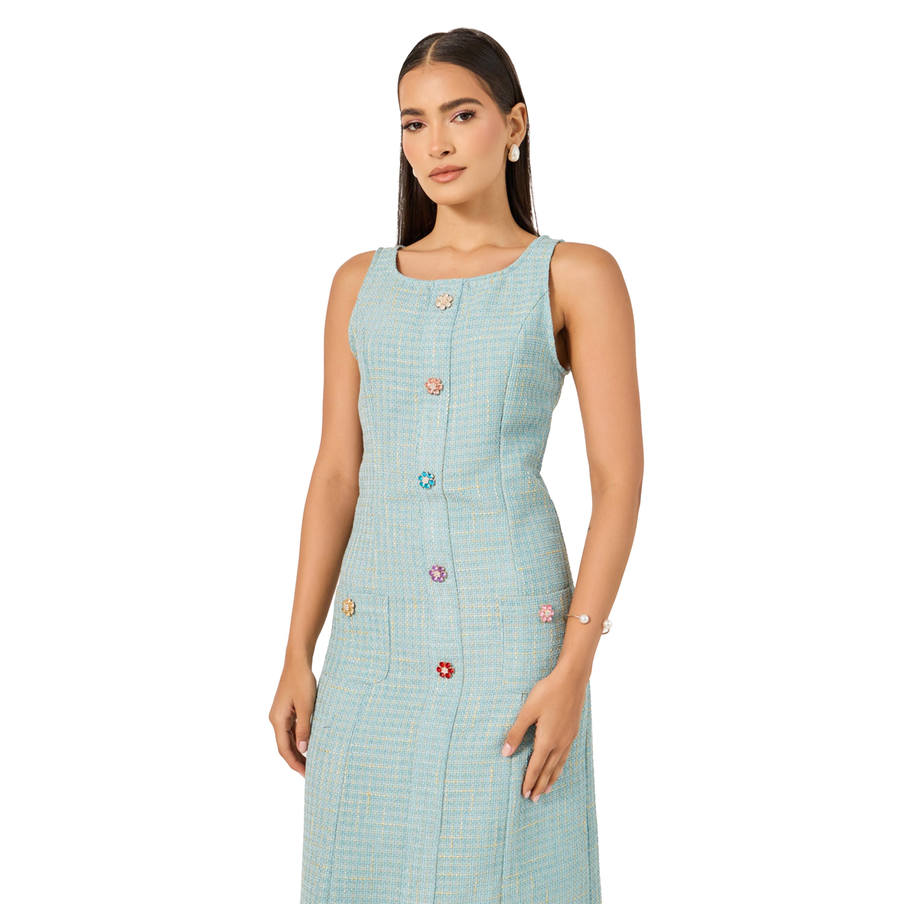 ستايلي -  فستان تويد متوسط الطول بدون أكمام على شكل حرف A مع تفاصيل أزرار-women-clothing-dresses-image-3